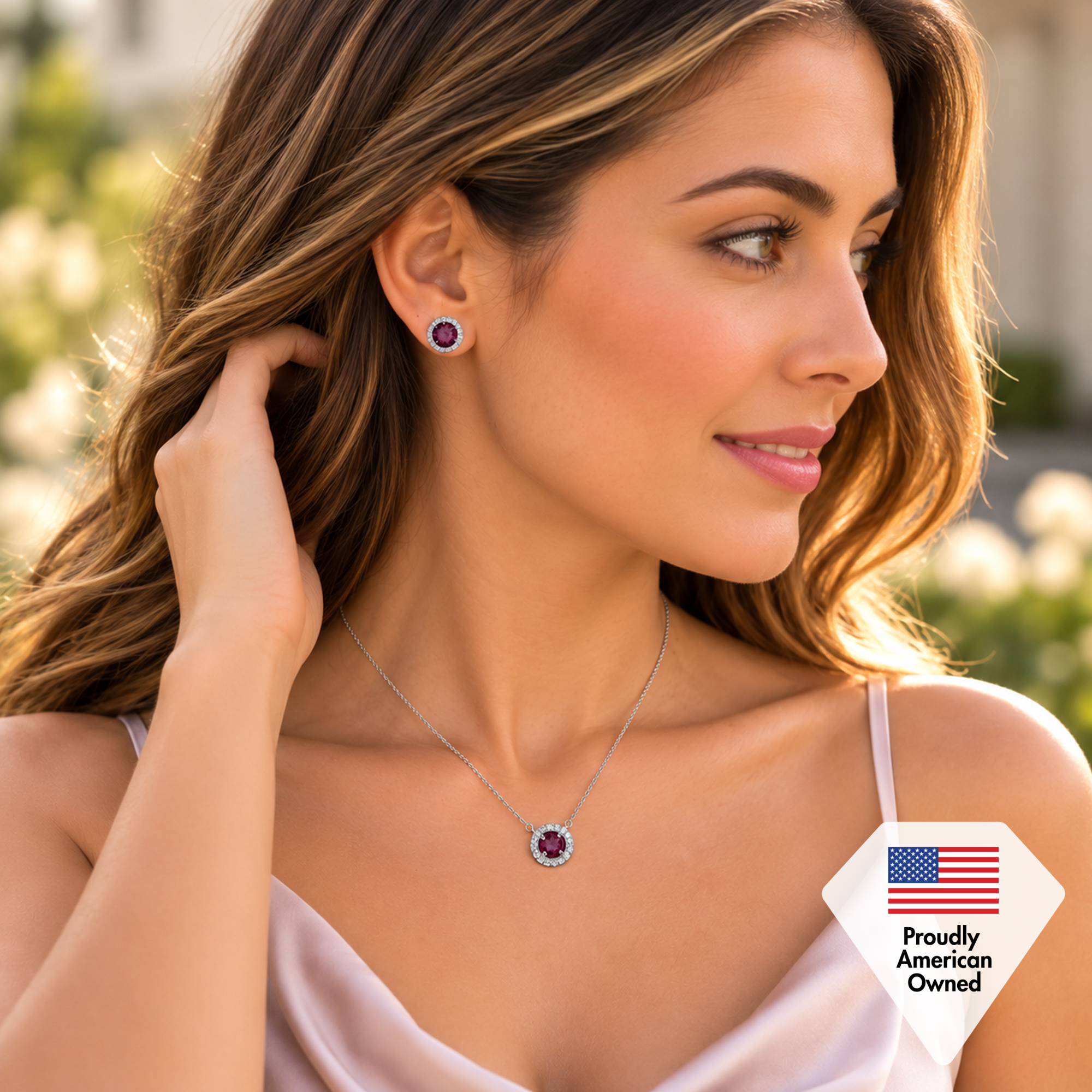 Royal Birthstone 18k White Gold Plated Halo Stud Earrings and Necklace Set with Swarovski Crystals