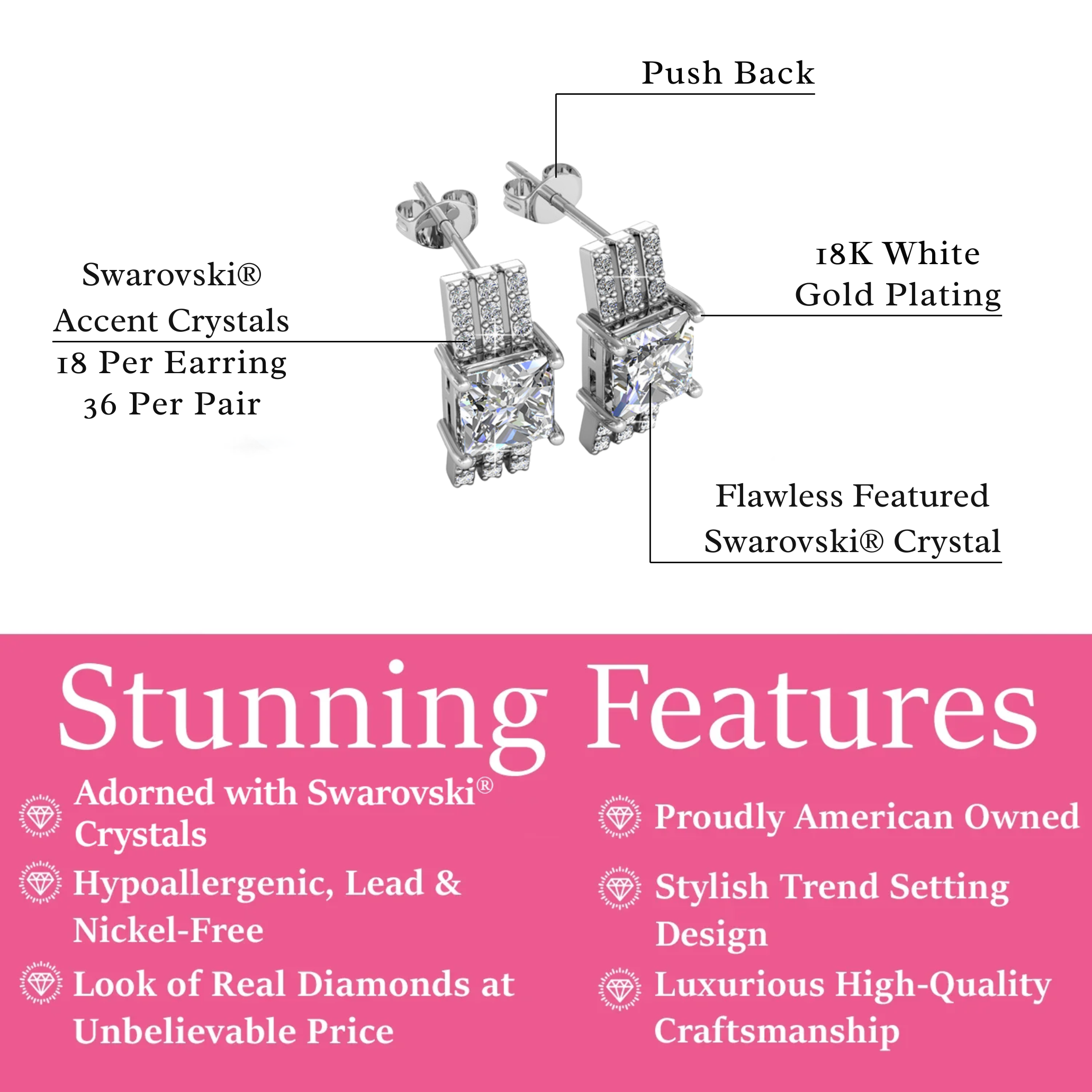 Fiona 18k White Gold Stud Plated Earrings with Princess Cut Swarovski Crystals