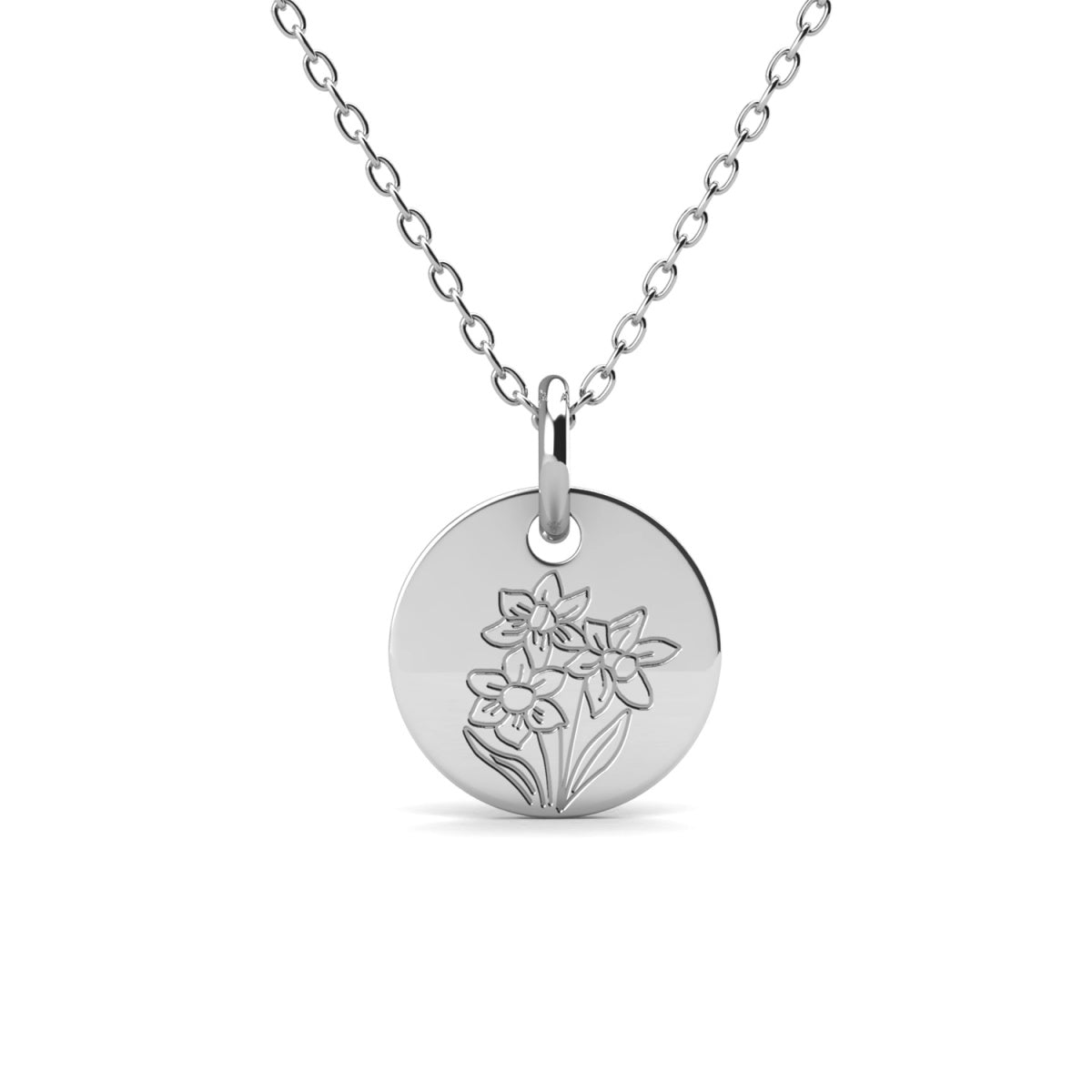 Floral 18k White Gold Plated Engraved Birth Month Flower Pendant Necklace