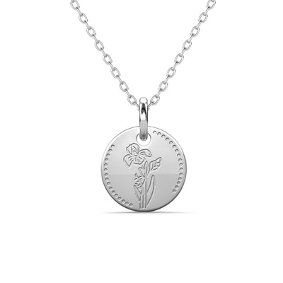 Floral 18k White Gold Plated Engraved Birth Month Flower Pendant Necklace - February
