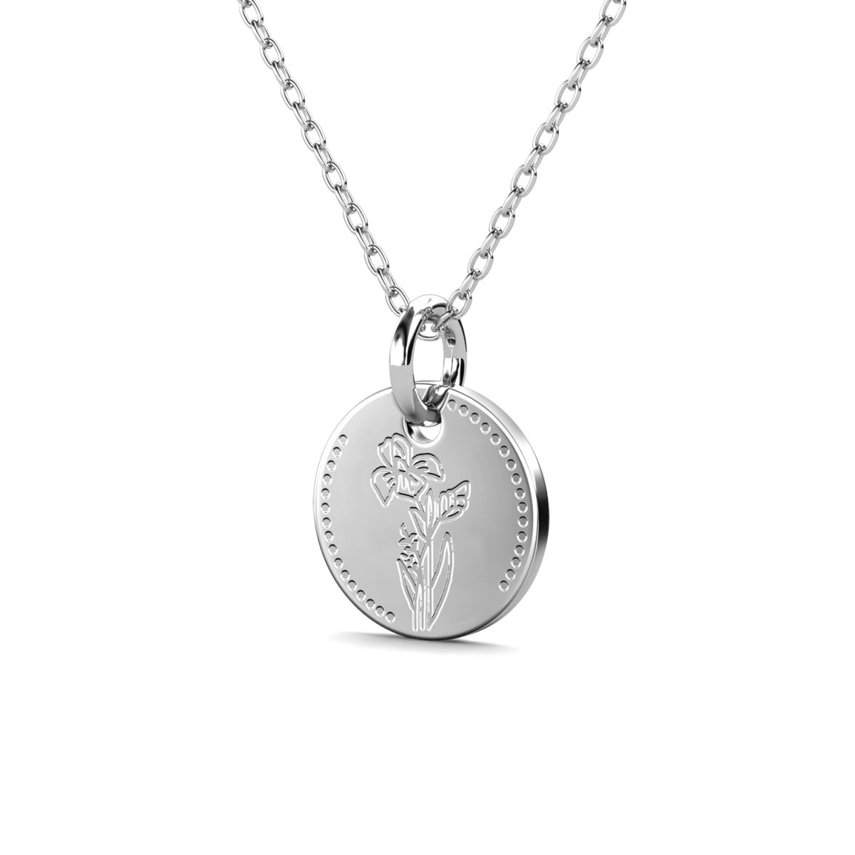 Floral 18k White Gold Plated Engraved Birth Month Flower Pendant Necklace