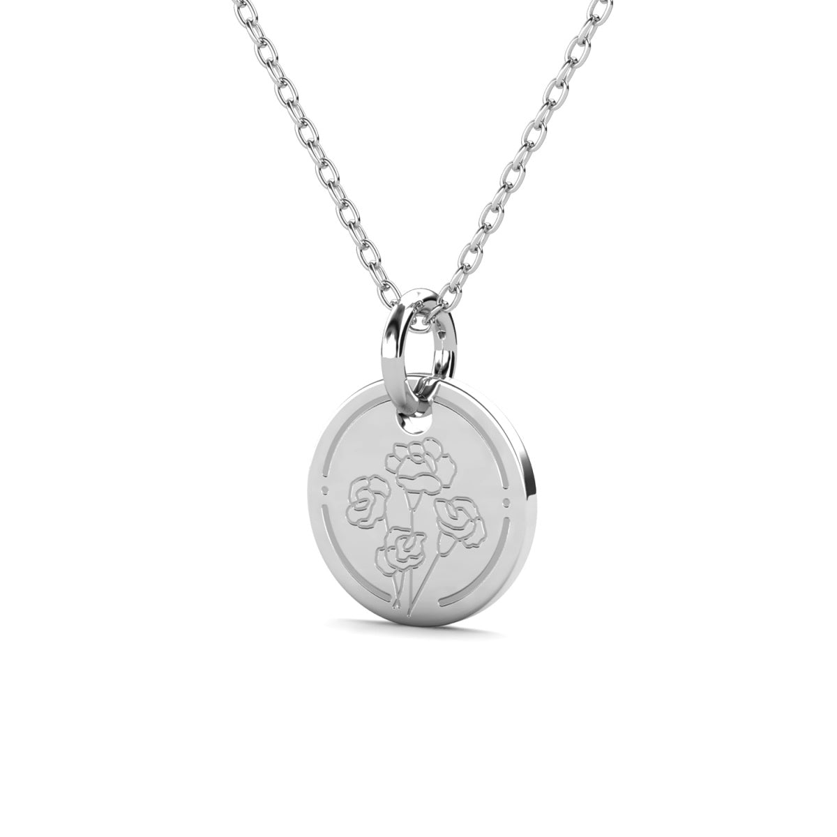 Floral 18k White Gold Plated Engraved Birth Month Flower Pendant Necklace