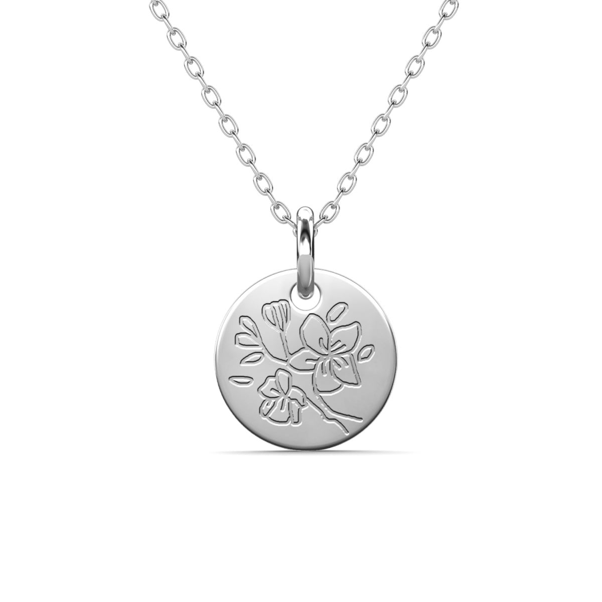 Floral 18k White Gold Plated Engraved Birth Month Flower Pendant Necklace