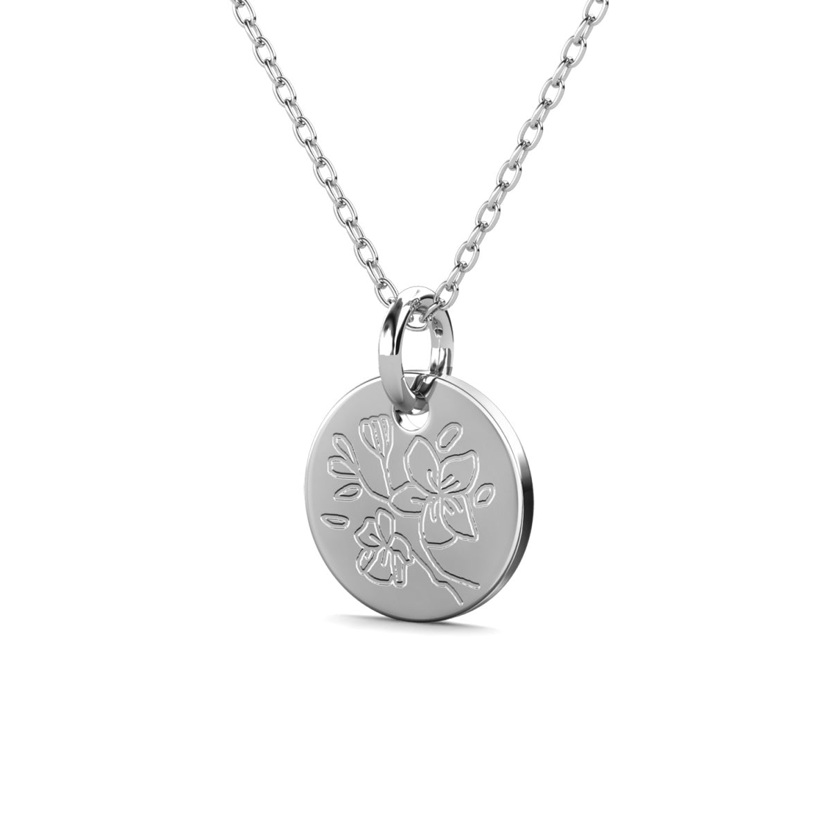 Floral 18k White Gold Plated Engraved Birth Month Flower Pendant Necklace