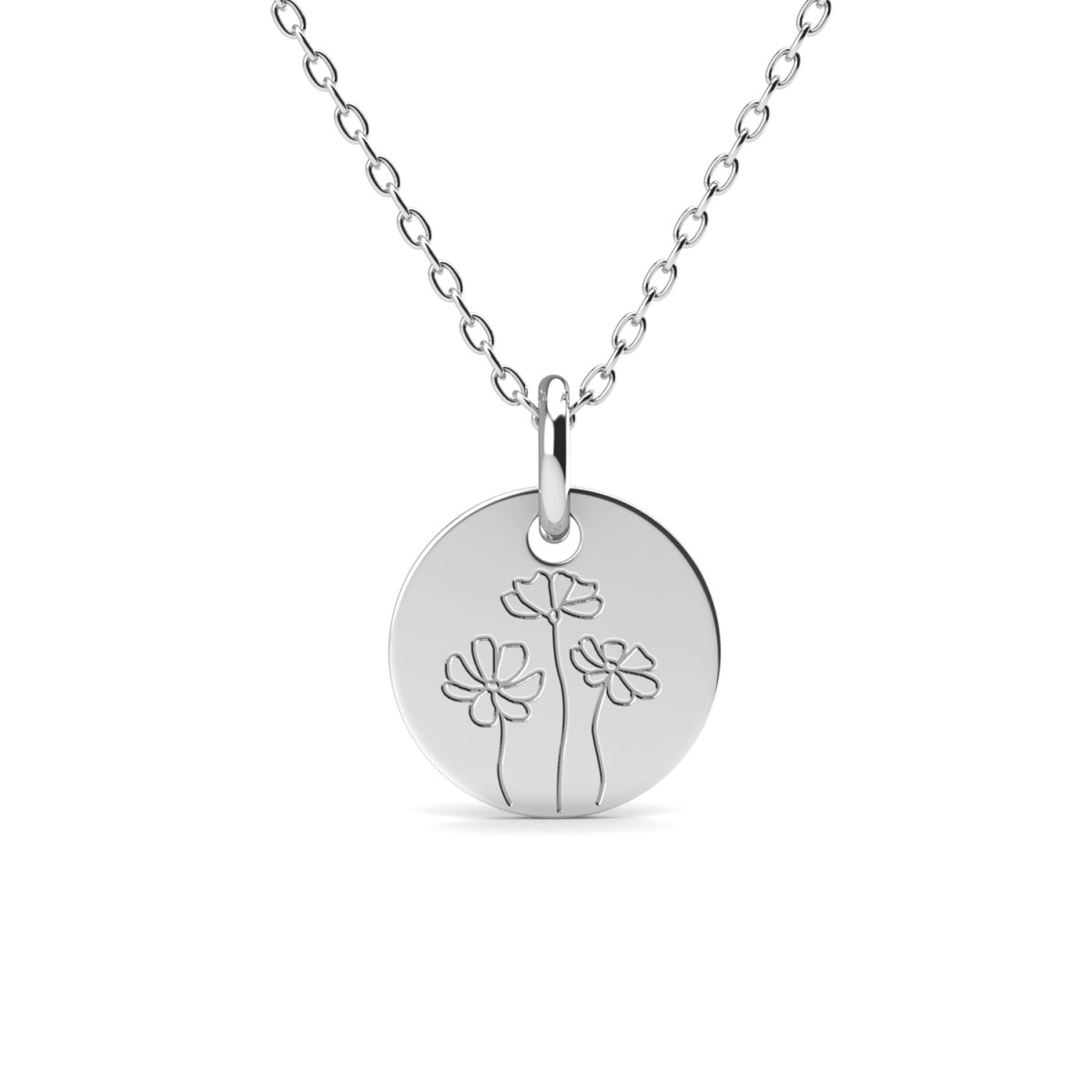 Floral 18k White Gold Plated Engraved Birth Month Flower Pendant Necklace