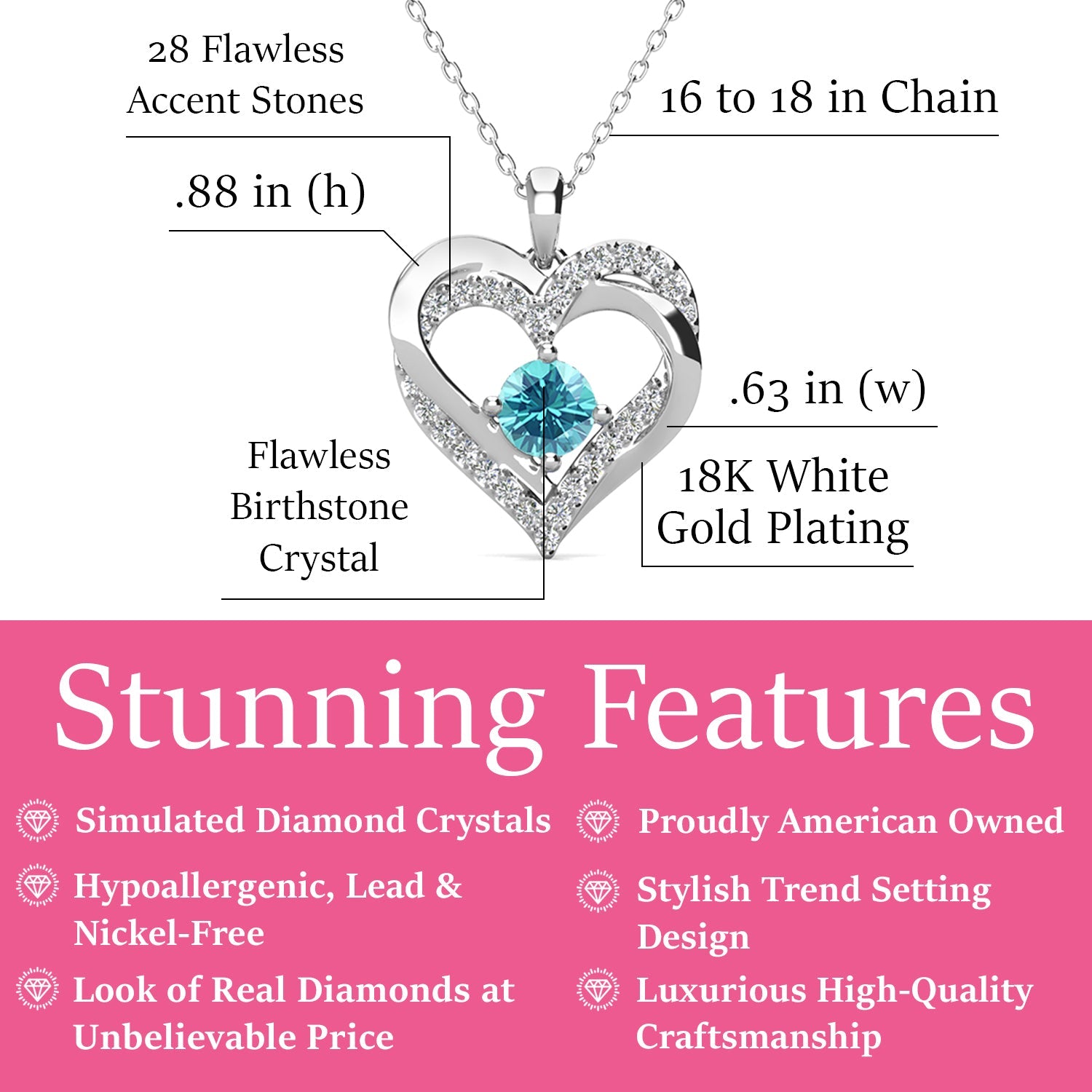 Forever 18k White Gold Plated Birthstone Double Heart Necklace with Swarovski Crystals