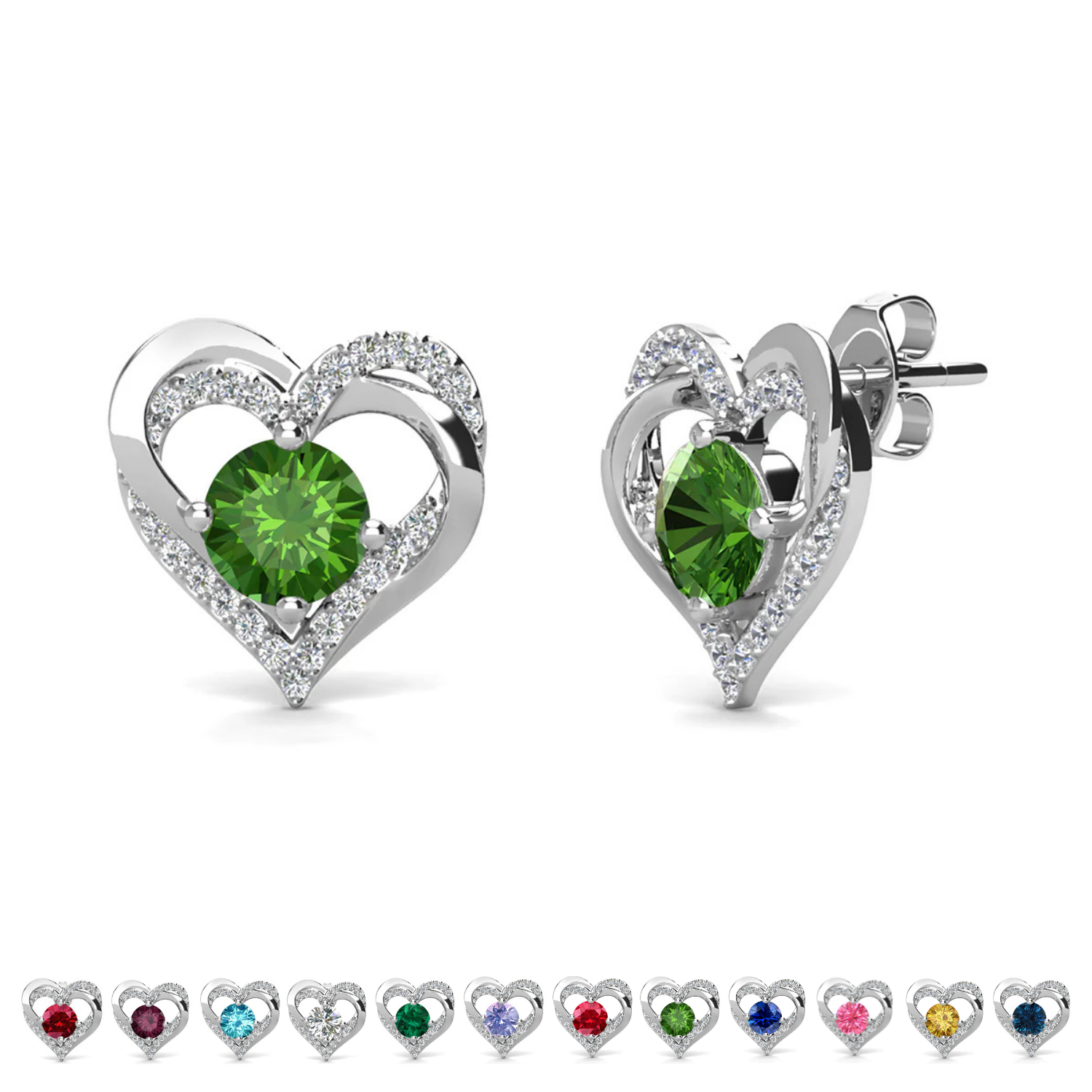 Forever Birthstone 18k White Gold Plated Double Heart Stud Earrings with Swarovski Crystals
