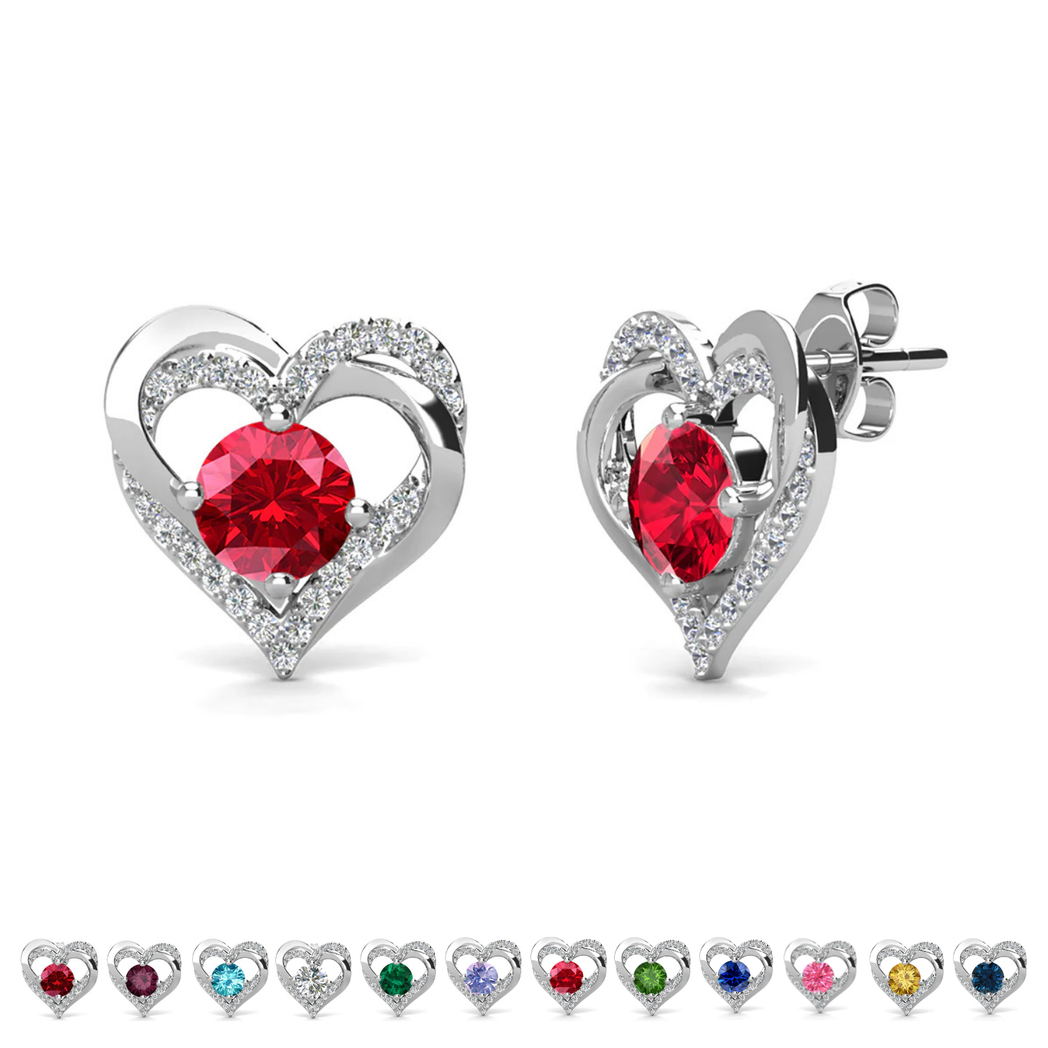 Forever Birthstone 18k White Gold Plated Double Heart Stud Earrings with Swarovski Crystals