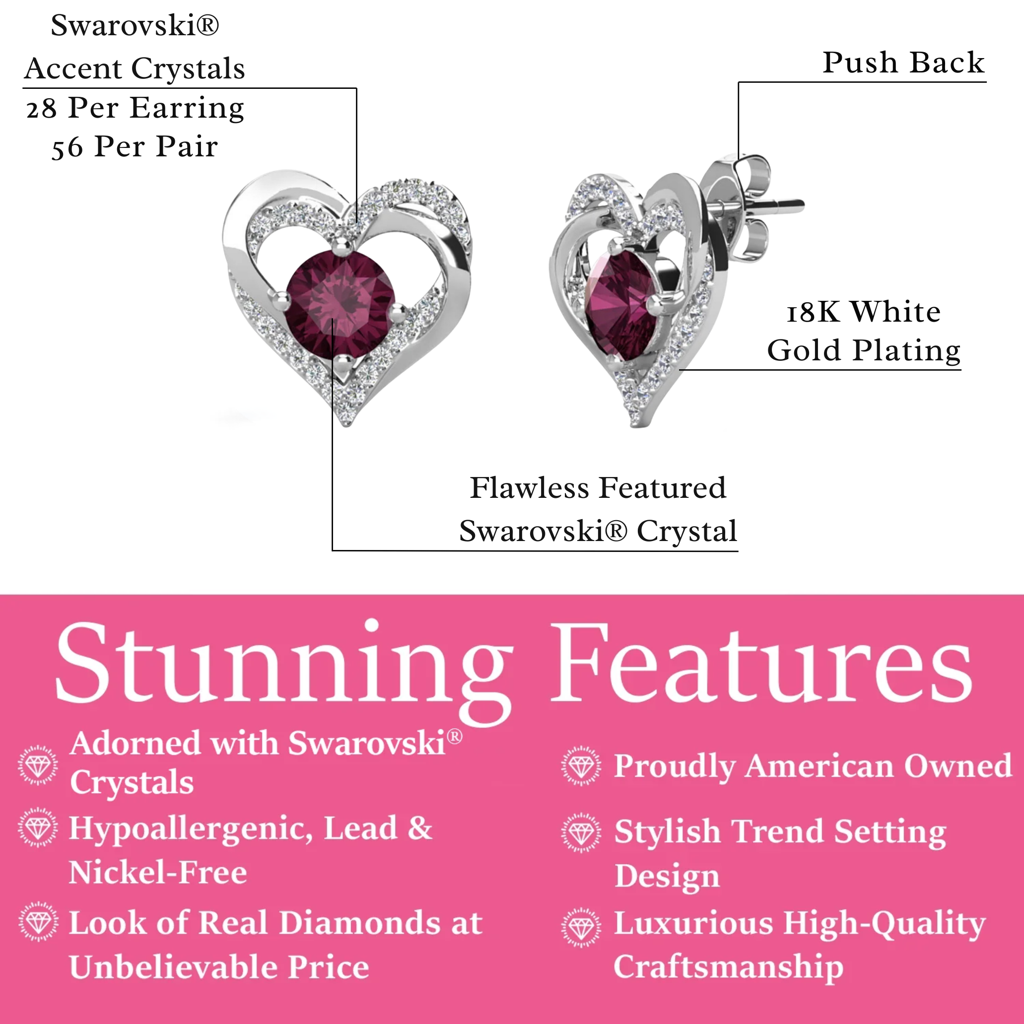 Forever Birthstone 18k White Gold Plated Double Heart Stud Earrings with Swarovski Crystals