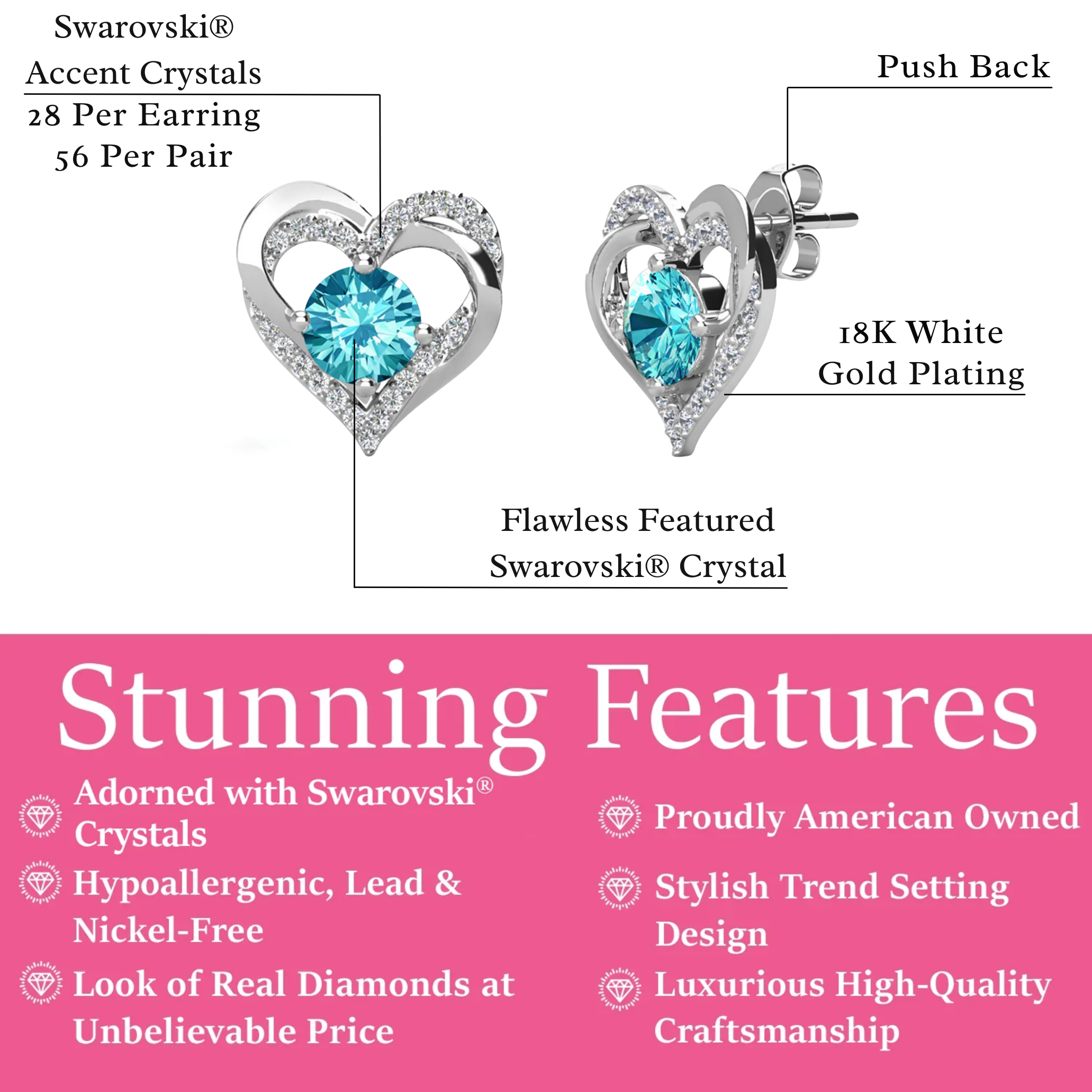 Forever Birthstone 18k White Gold Plated Double Heart Stud Earrings with Swarovski Crystals