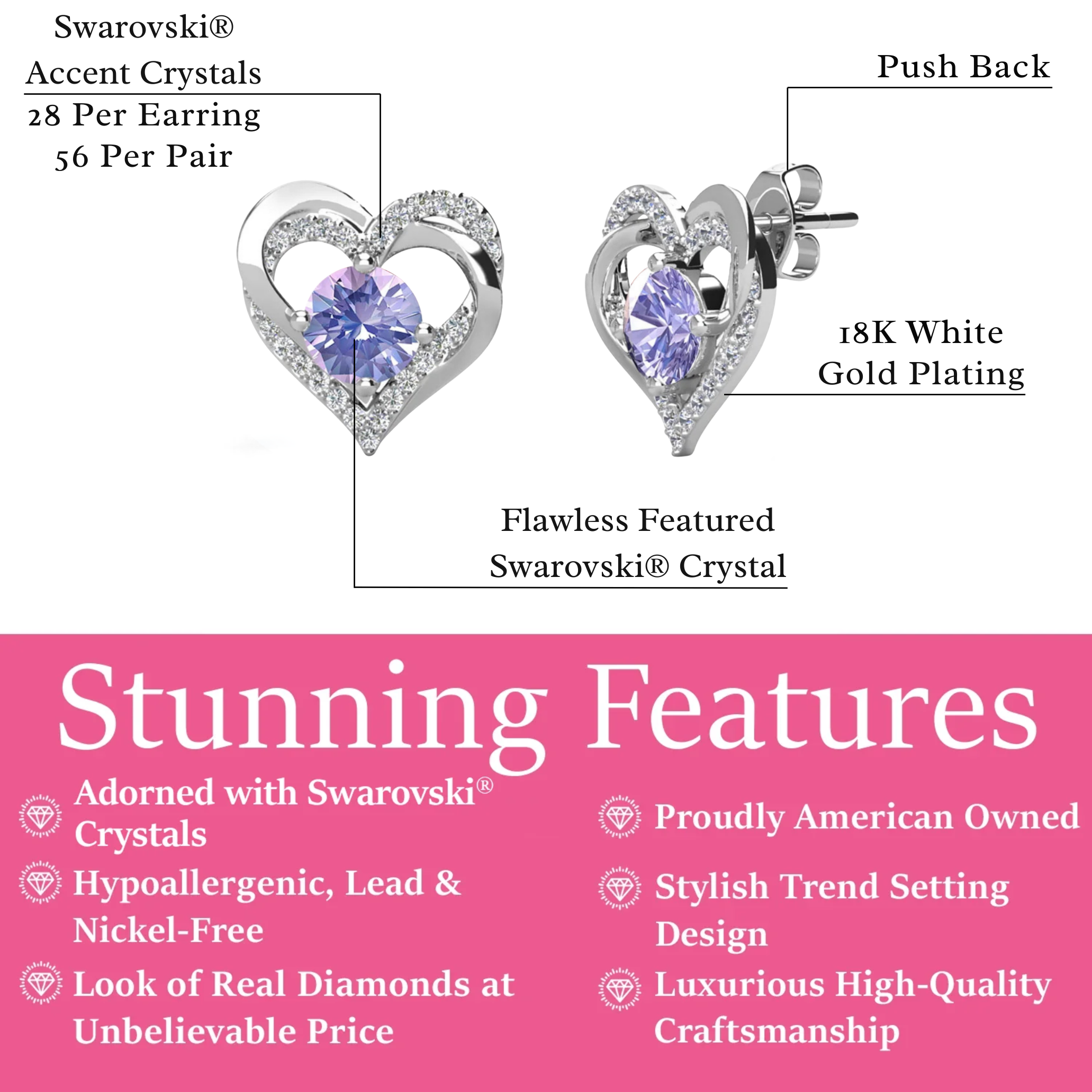 Forever Birthstone 18k White Gold Plated Double Heart Stud Earrings with Swarovski Crystals