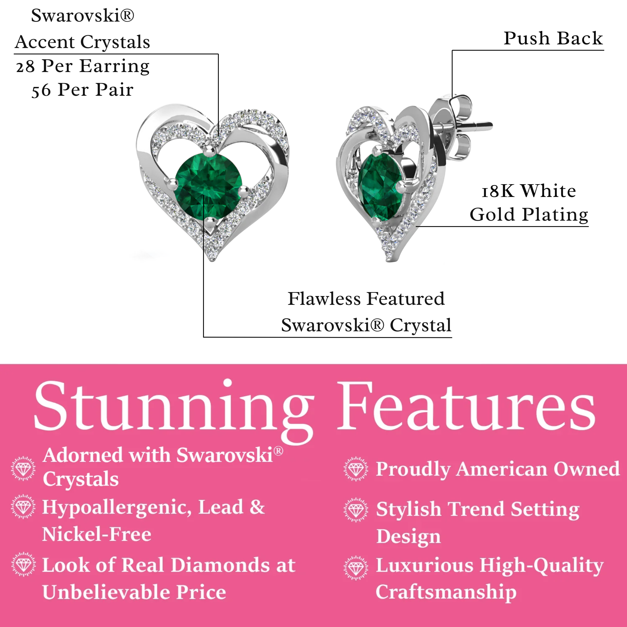 Forever Birthstone 18k White Gold Plated Double Heart Stud Earrings with Swarovski Crystals