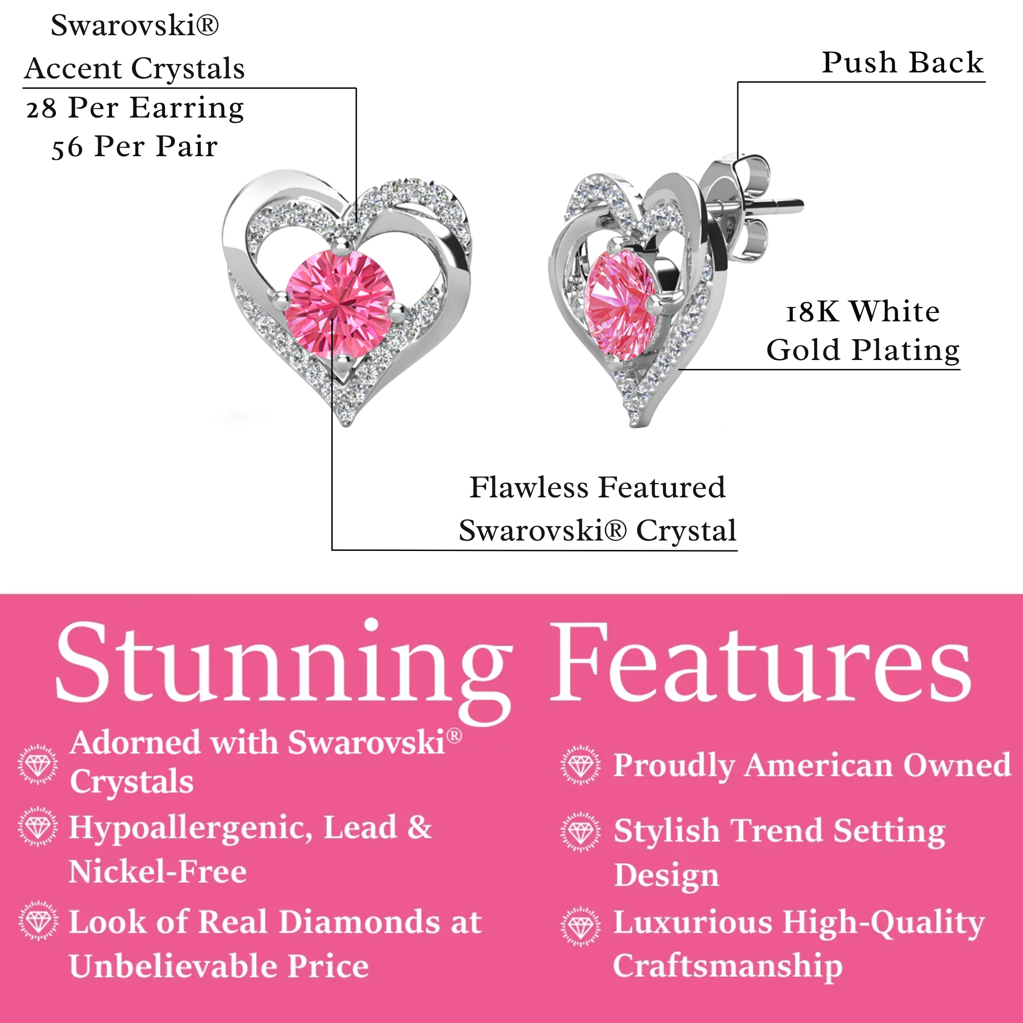 Forever Birthstone 18k White Gold Plated Double Heart Stud Earrings with Swarovski Crystals