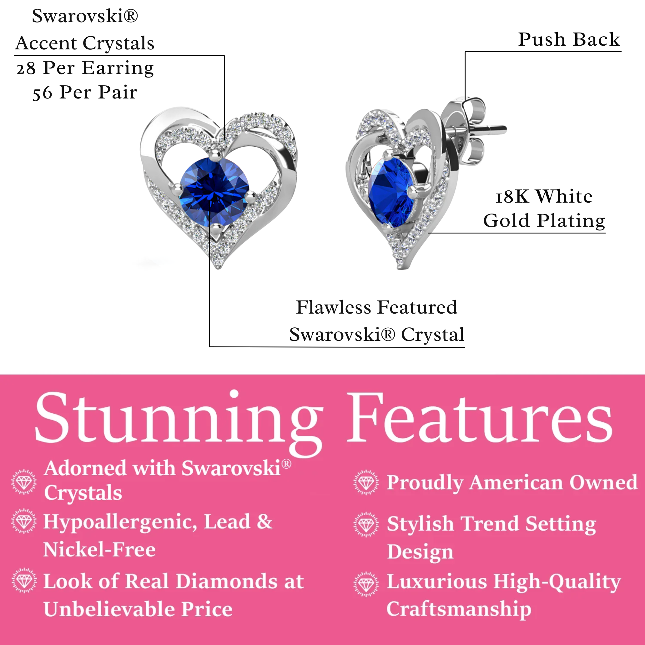 Forever Birthstone 18k White Gold Plated Double Heart Stud Earrings with Swarovski Crystals