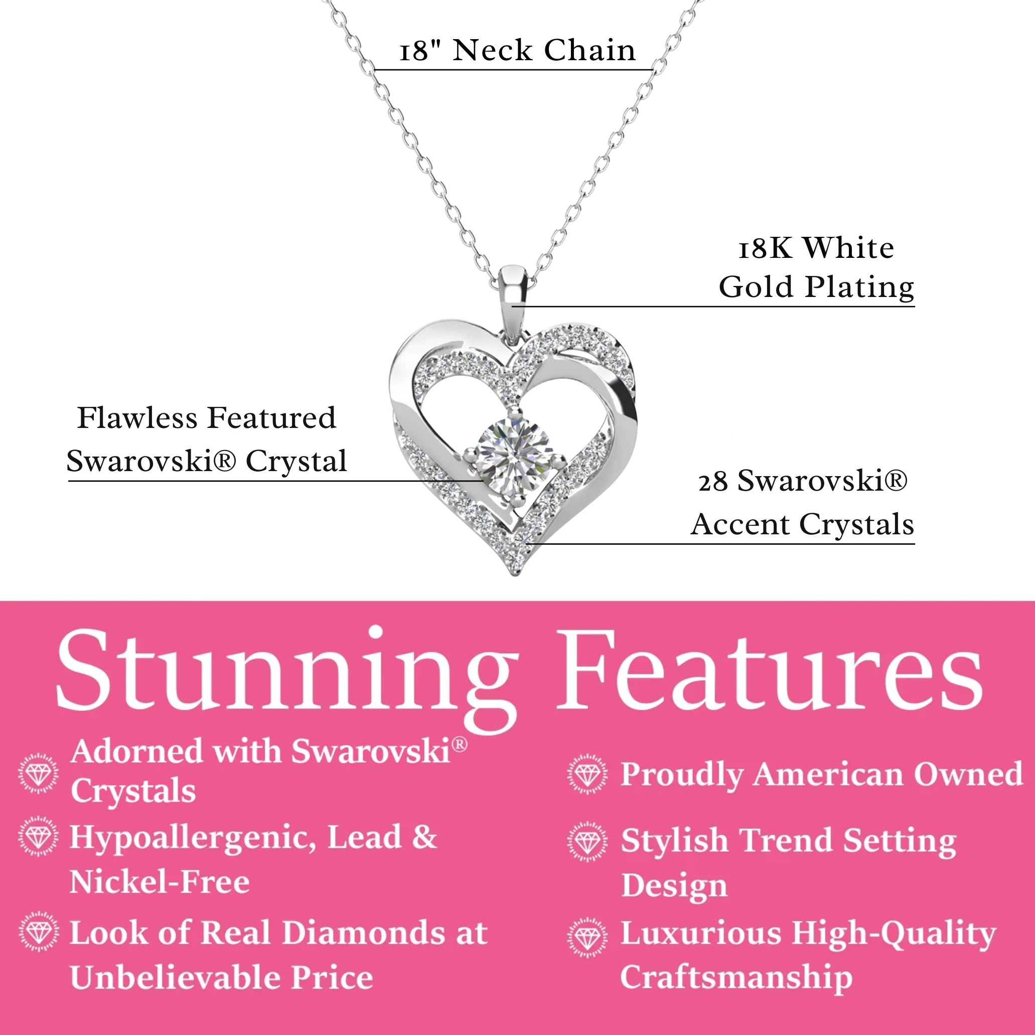 Forever Birthstone 18k White Gold Plated Double Heart Necklace with Swarovski Crystals