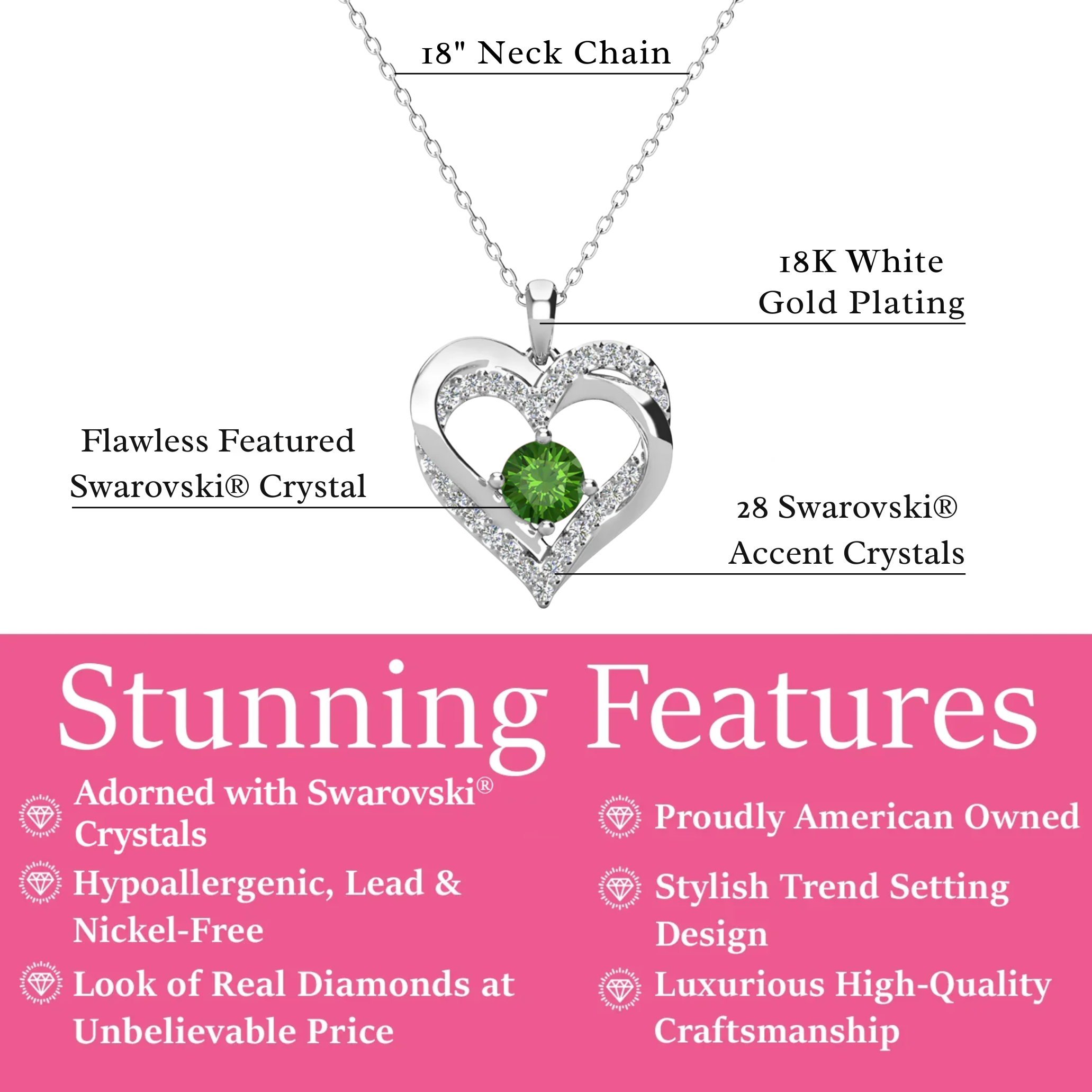 Forever Birthstone 18k White Gold Plated Double Heart Necklace with Swarovski Crystals