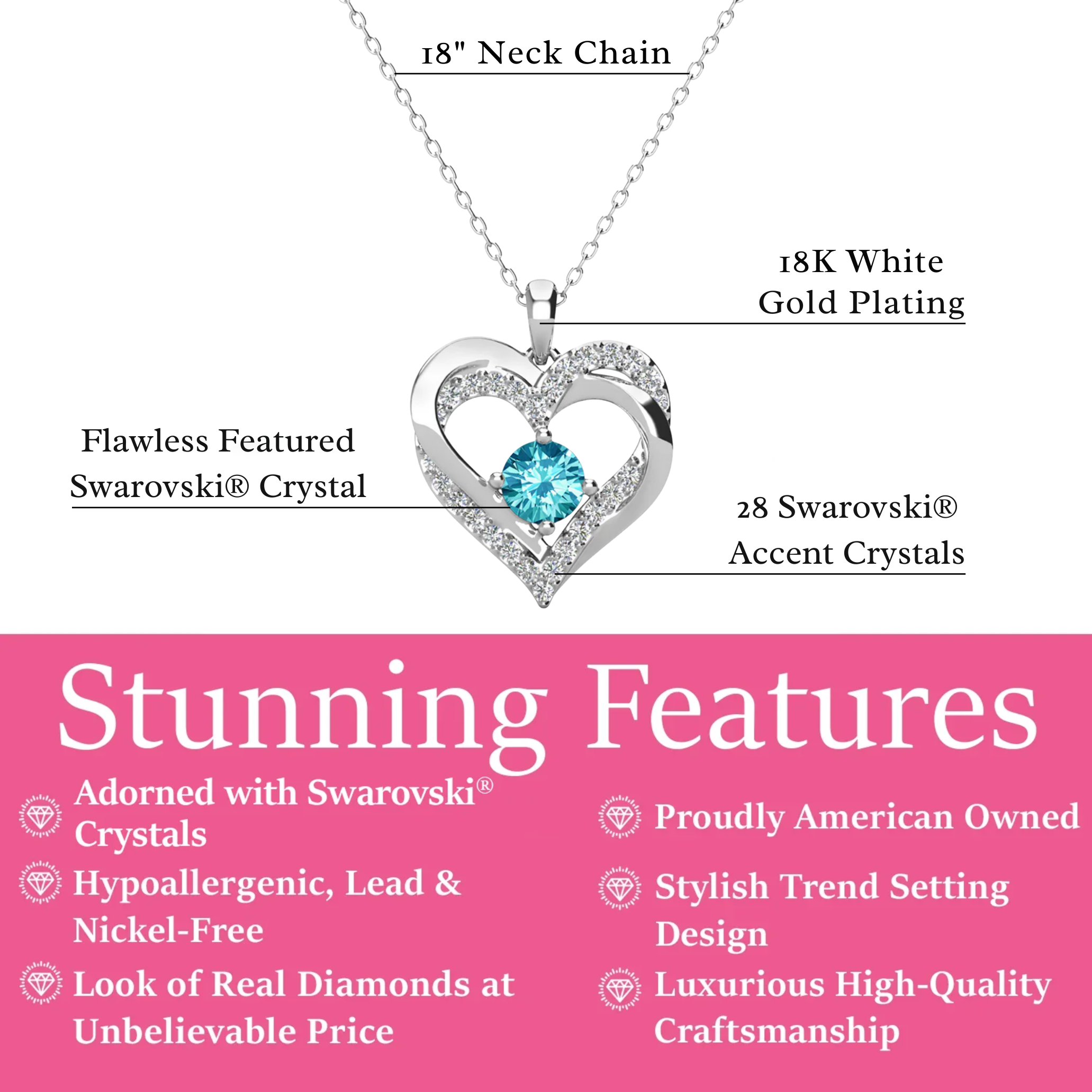 Forever Birthstone 18k White Gold Plated Double Heart Necklace with Swarovski Crystals