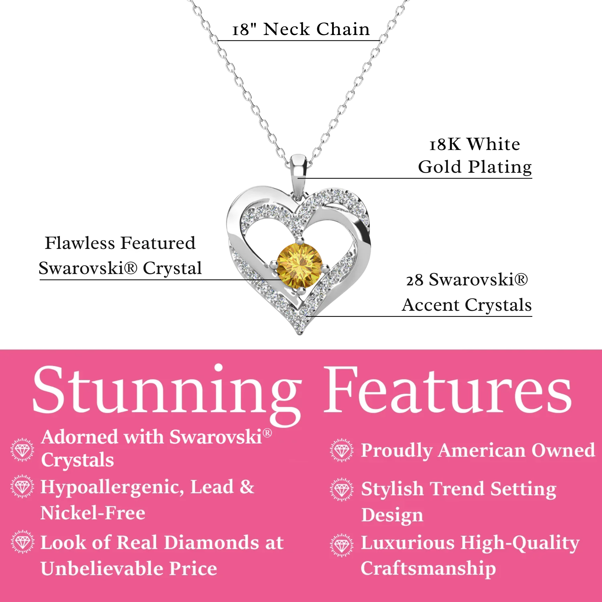 Forever Birthstone 18k White Gold Plated Double Heart Necklace with Swarovski Crystals