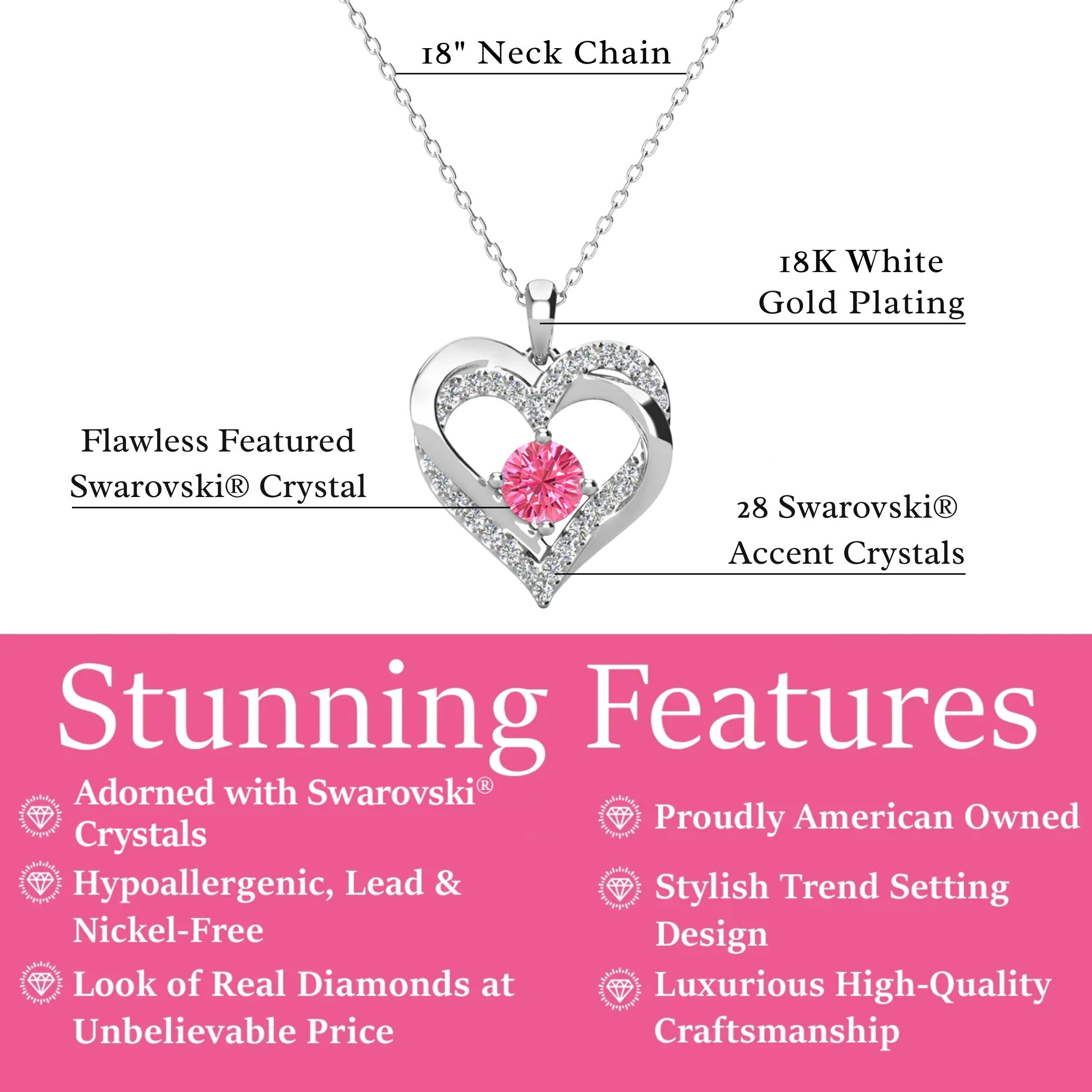 Forever Birthstone 18k White Gold Plated Double Heart Necklace with Swarovski Crystals
