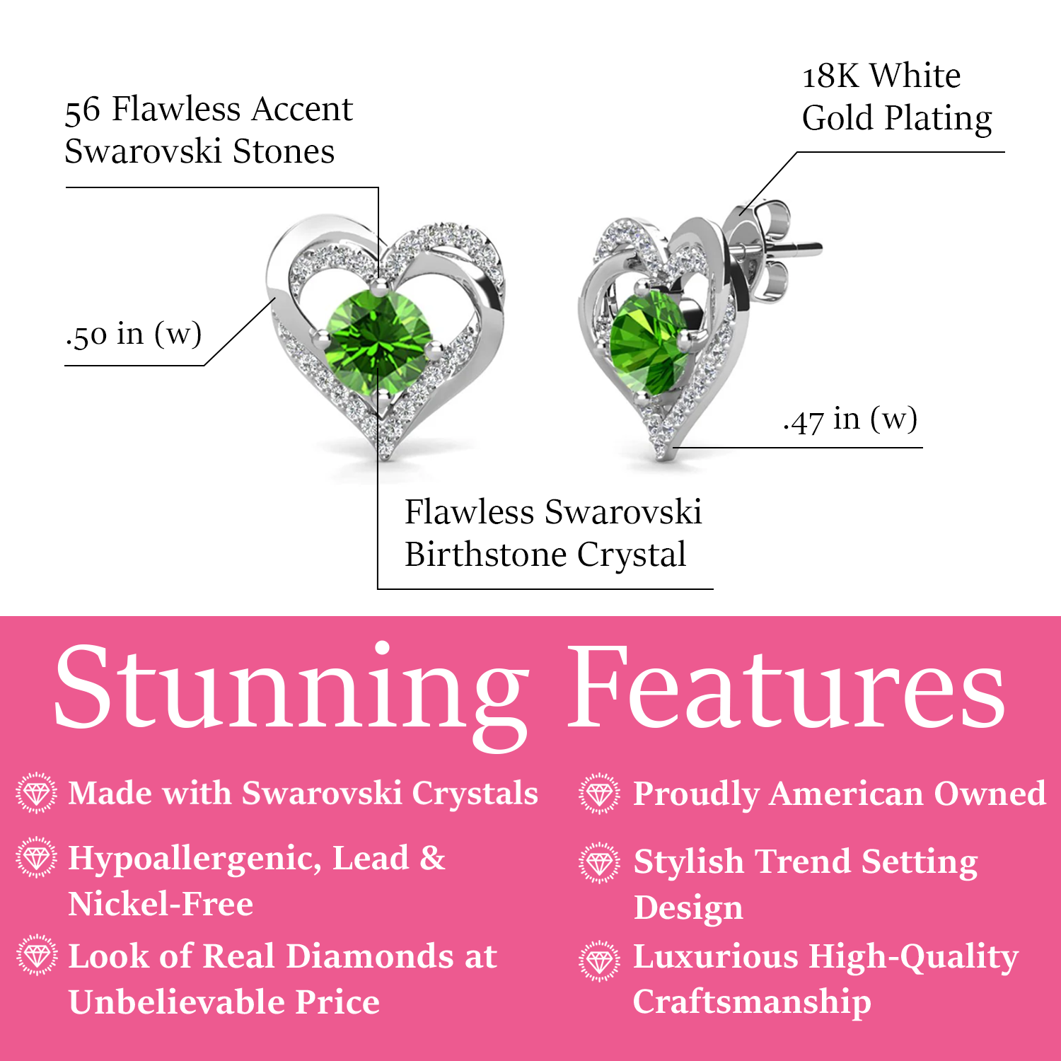 Forever 18k White Gold Plated Birthstone Double Heart Earrings with Crystals