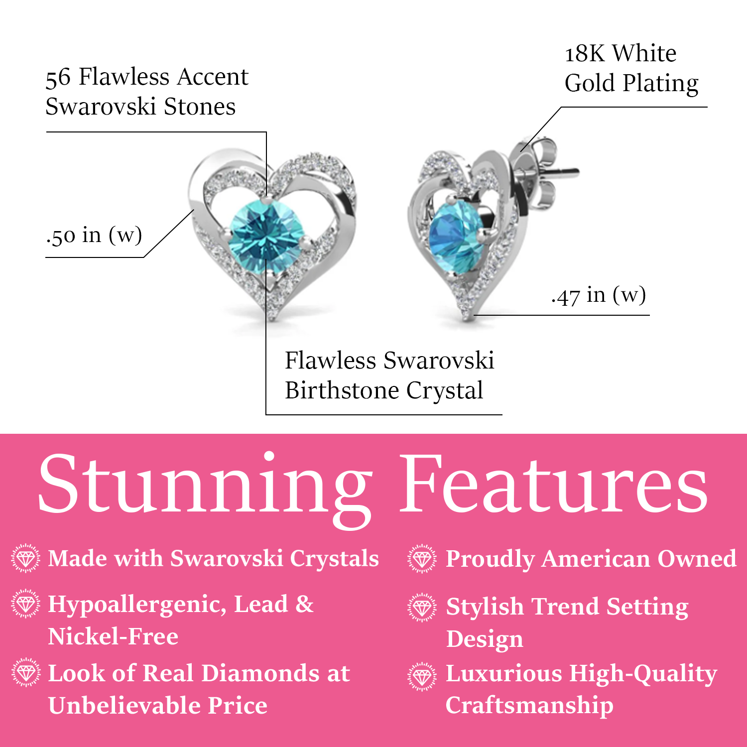 Forever 18k White Gold Plated Birthstone Double Heart Earrings with Crystals