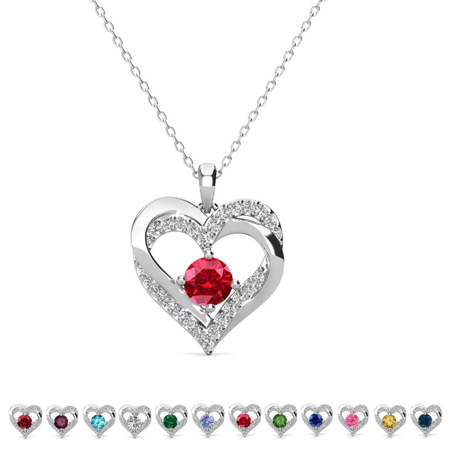 Forever Birthstone 18k White Gold Plated Double Heart Necklace with Swarovski Crystals