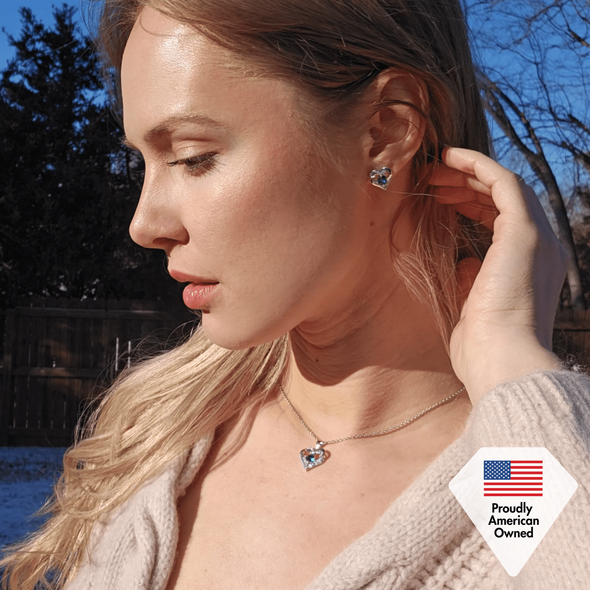 Forever Birthstone 18k White Gold Plated Silver Double Heart Earrings and Necklace Set with Swarovski Crystals
