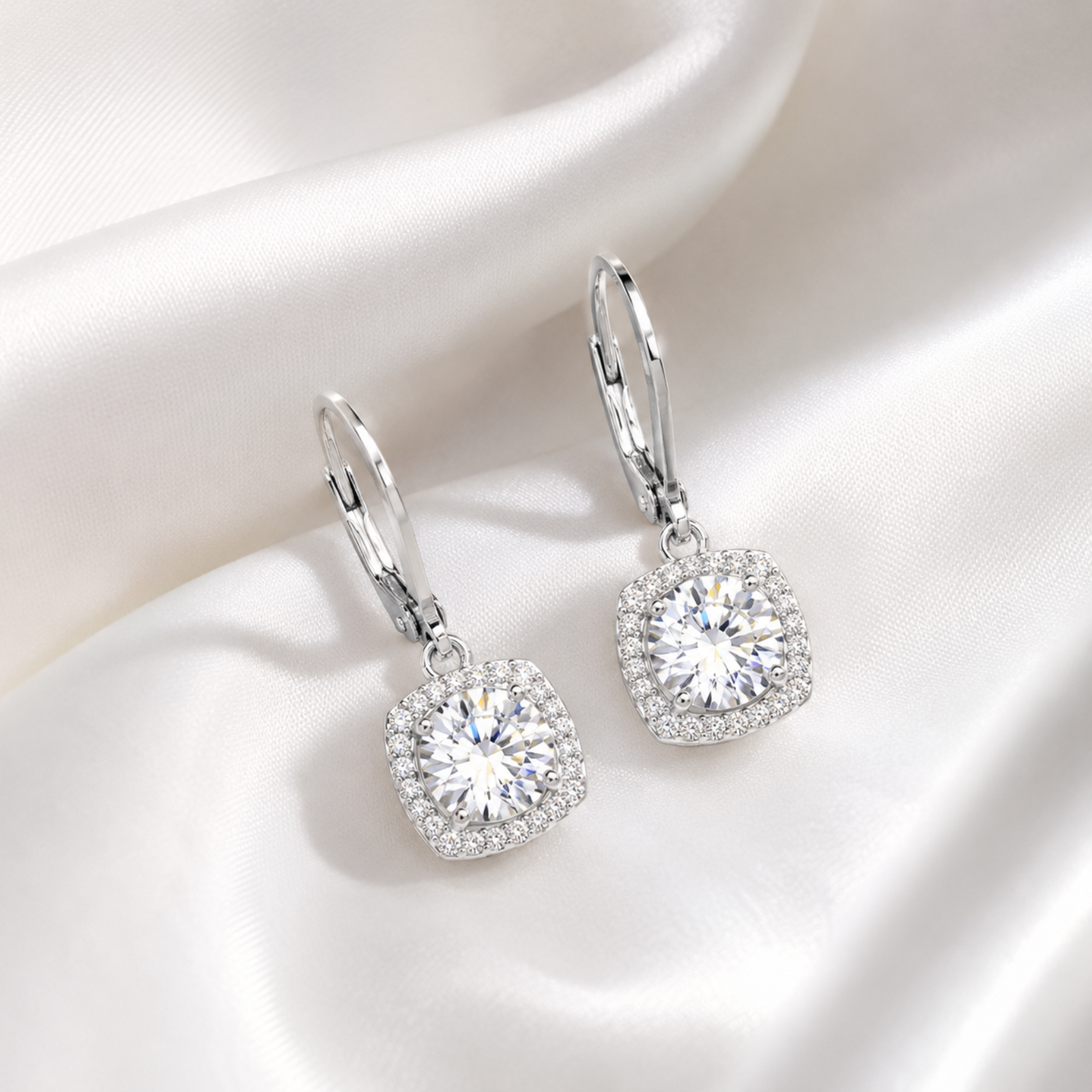 Freya 18k White Gold Plated Halo Drop Earrings with Simulated Diamond Crystals - FAB FAV