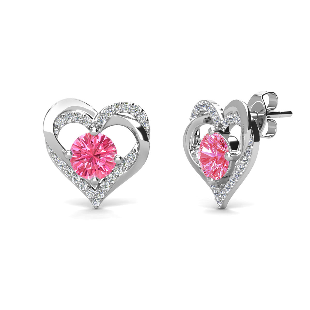 Forever 18k White Gold Plated Birthstone Double Heart Earrings with Crystals