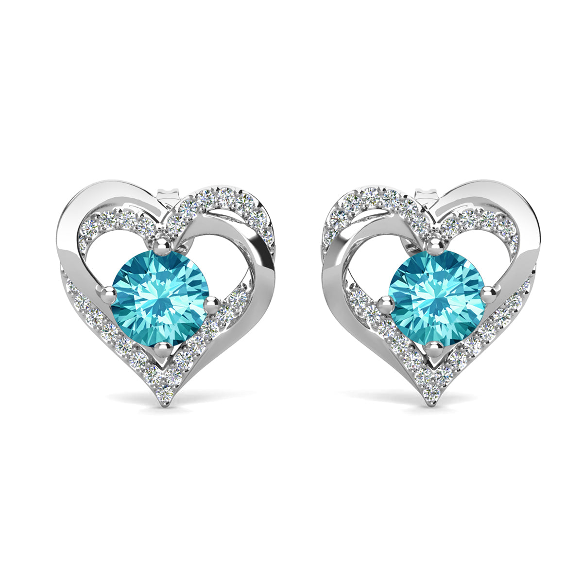 Forever 18k White Gold Plated Birthstone Double Heart Earrings with Crystals