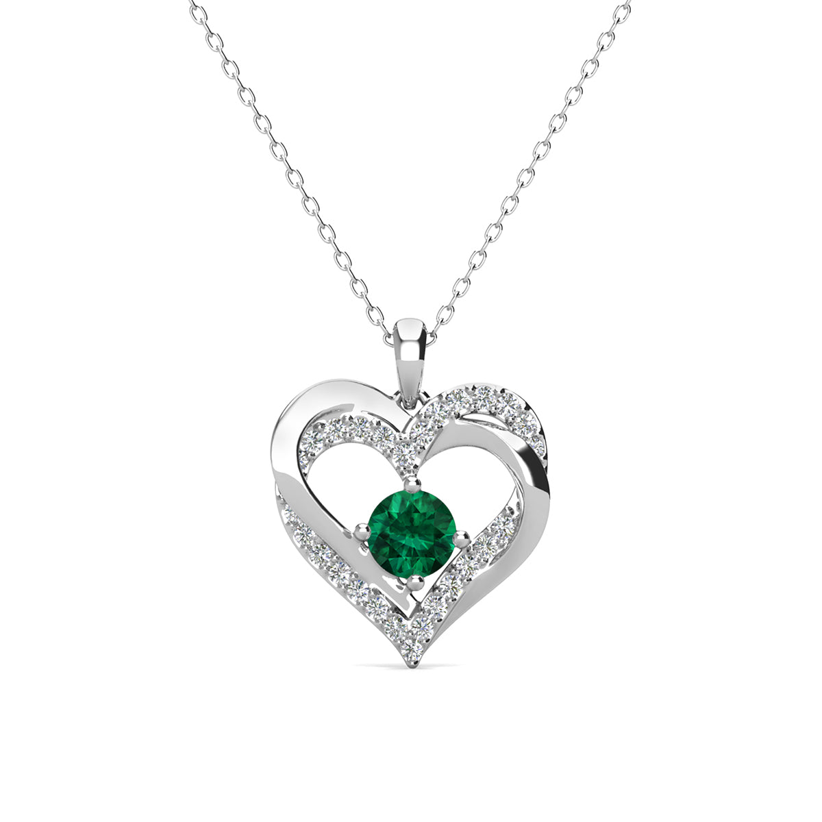 Forever 18k White Gold Plated Birthstone Double Heart Necklace with Swarovski Crystals