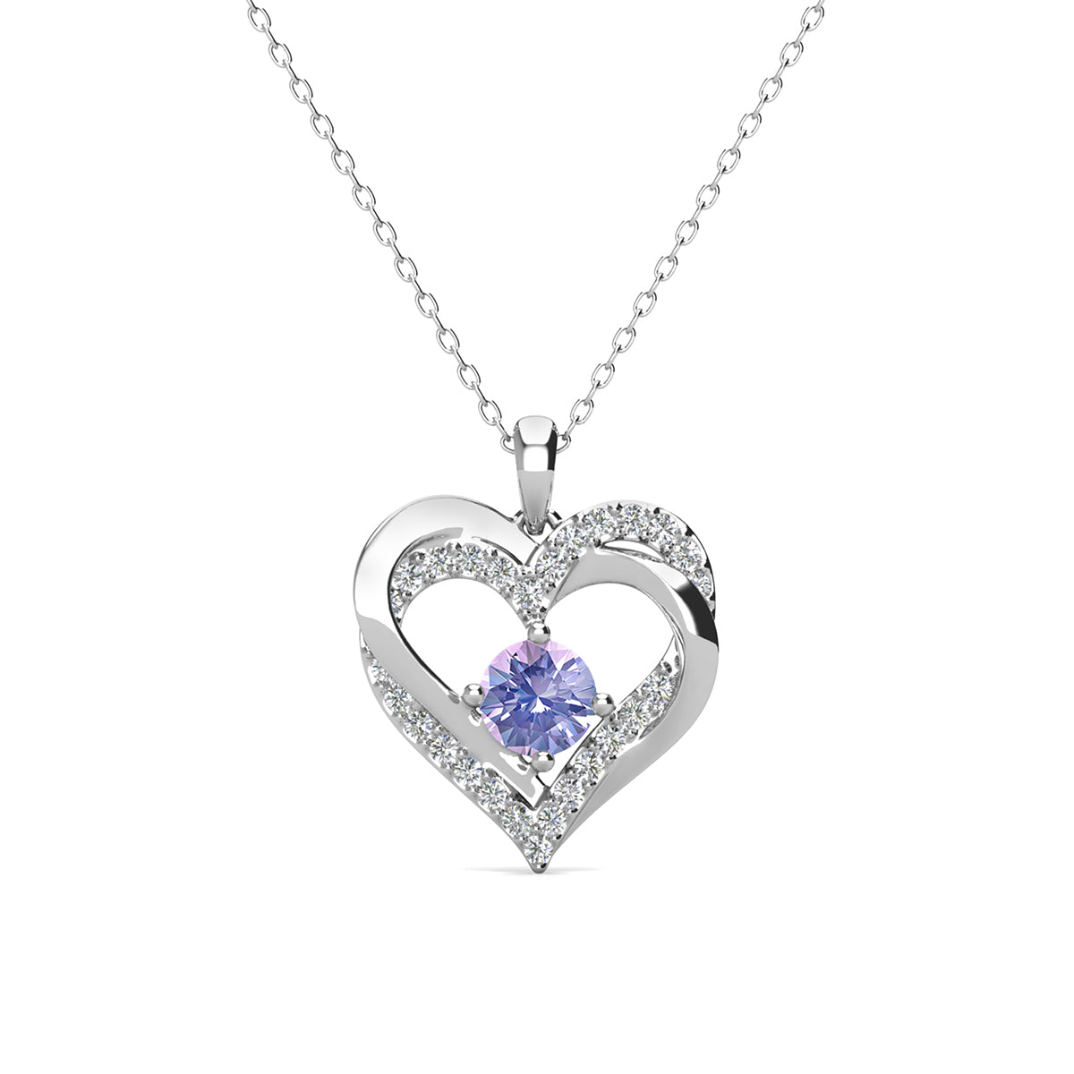 Forever 18k White Gold Plated Birthstone Double Heart Necklace with Swarovski Crystals