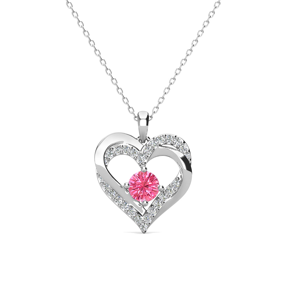 Forever 18k White Gold Plated Birthstone Double Heart Necklace with Swarovski Crystals