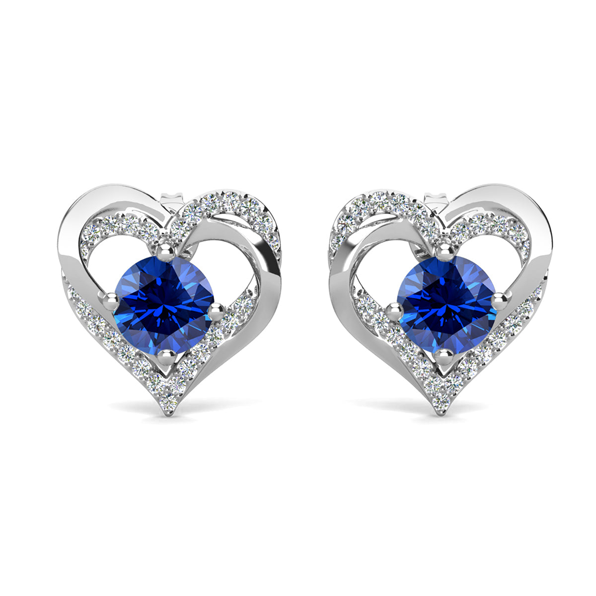 Forever 18k White Gold Plated Birthstone Double Heart Earrings with Crystals