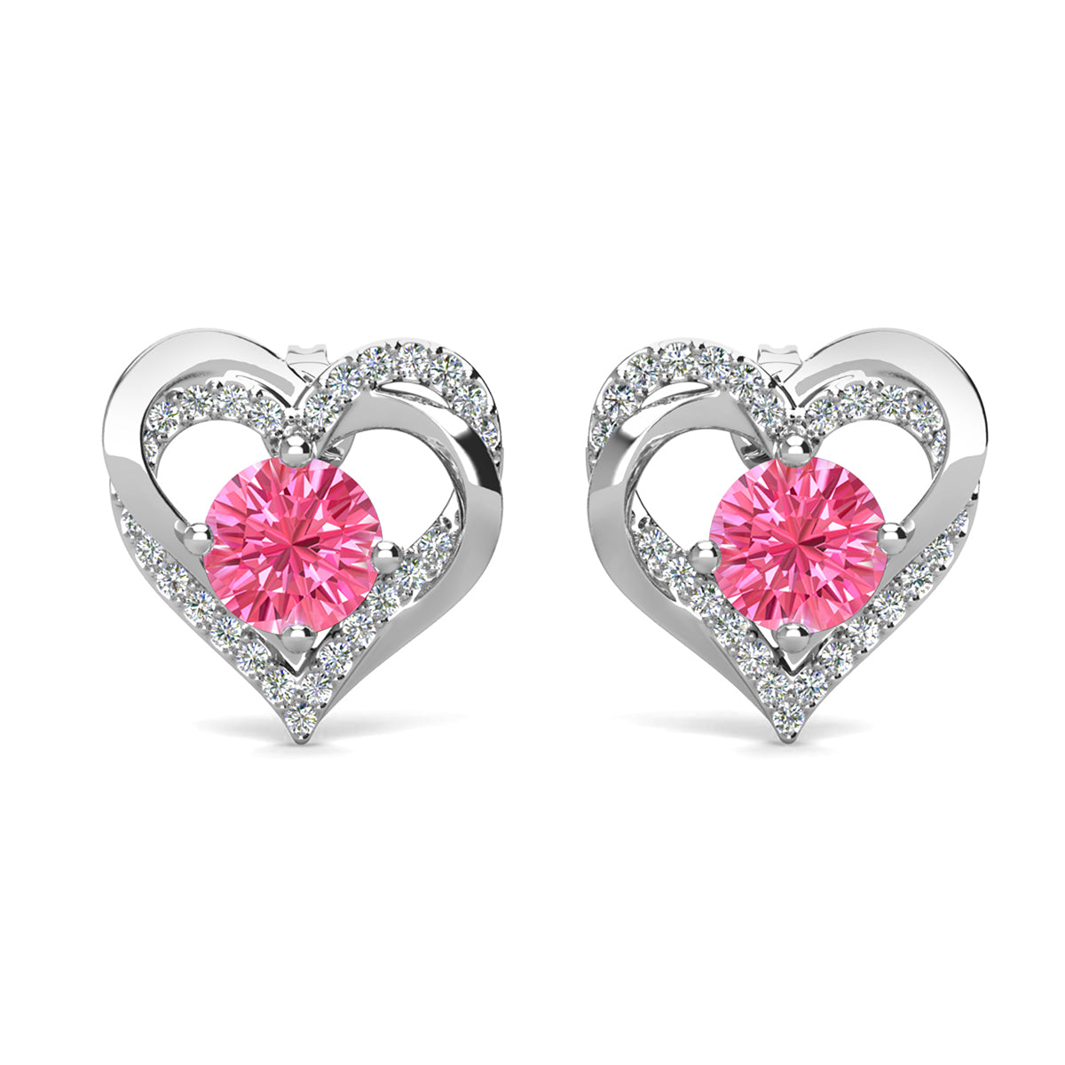 Forever 18k White Gold Plated Birthstone Double Heart Earrings with Crystals