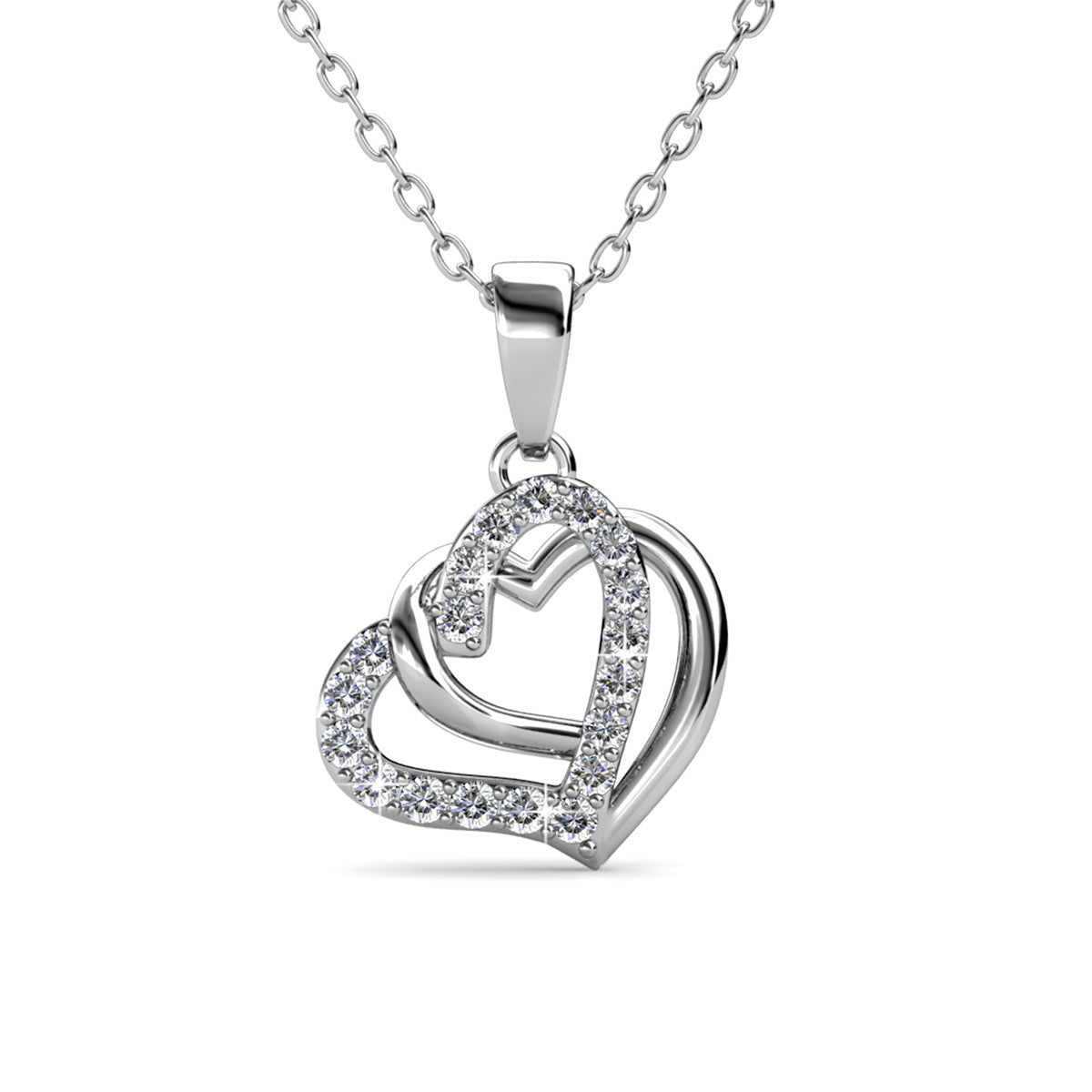 Angela 18k White Gold Plated Double Heart Stud Earrings and Necklace Set with Swarovski Crystals