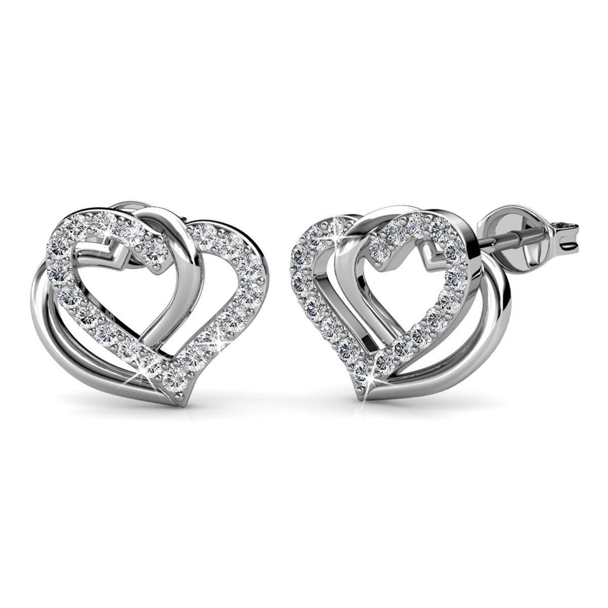 Angela 18k White Gold Plated Silver Double Heart Stud Earrings with Swarovski Crystals