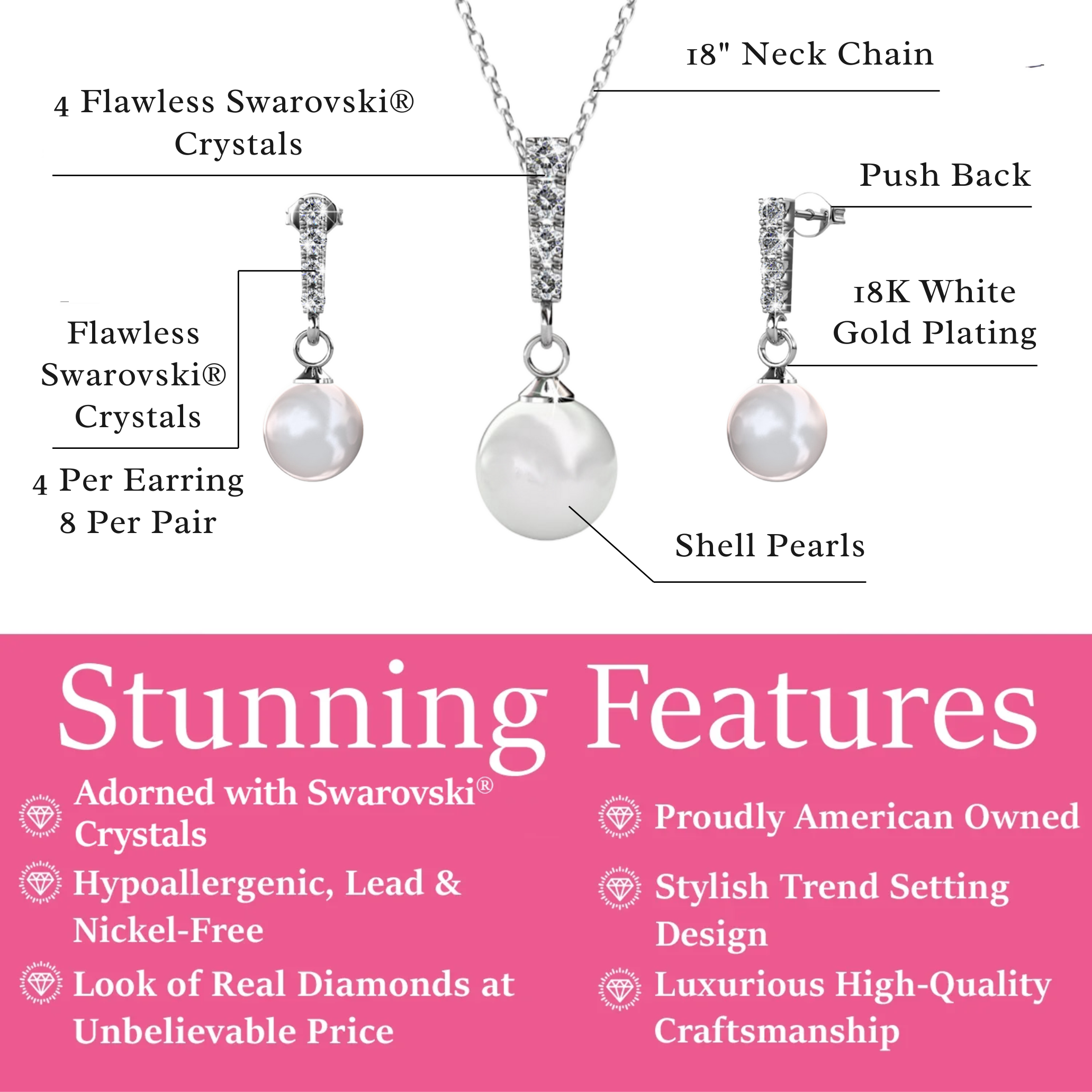 Gabrielle 18k White Gold Plated Pearl Drop Earrings and Necklace Jewelry Set with Swarovski Crystals