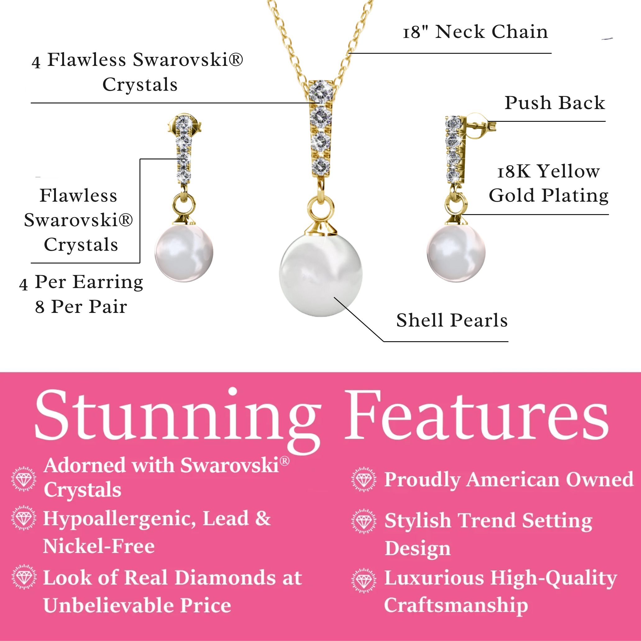 Gabrielle 18k White Gold Plated Pearl Drop Earrings and Necklace Jewelry Set with Swarovski Crystals