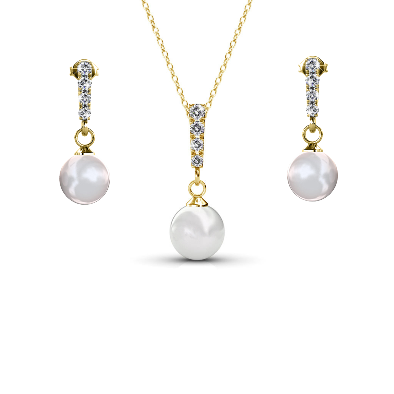 Gabrielle 18k White Gold Plated Pearl Drop Earrings and Necklace Jewelry Set with Swarovski Crystals