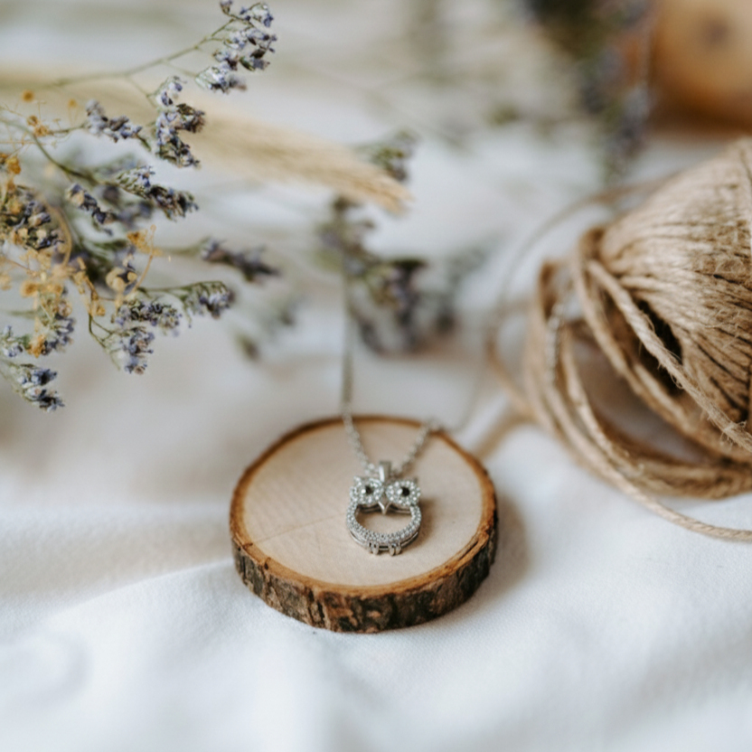 Ari 18k White Gold Plated Owl Pendant Necklace with Simulated Diamond Crystals