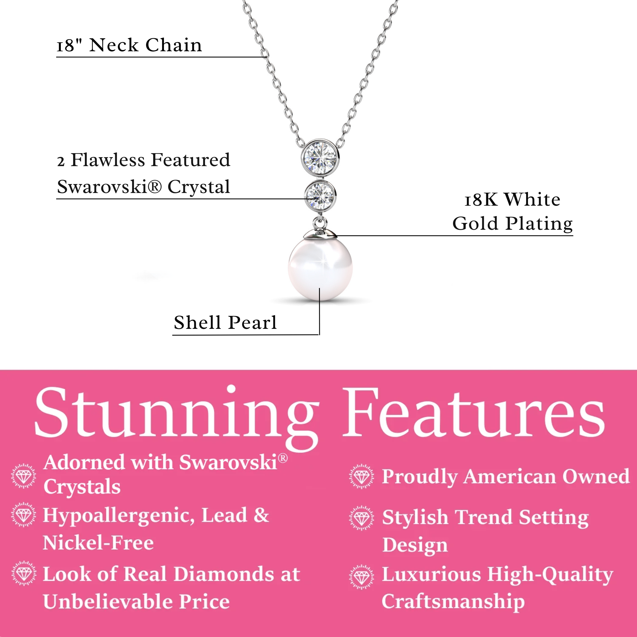 Genevieve 18k White Gold Plated Pearl Pendant Necklace with Swarovski Crystals