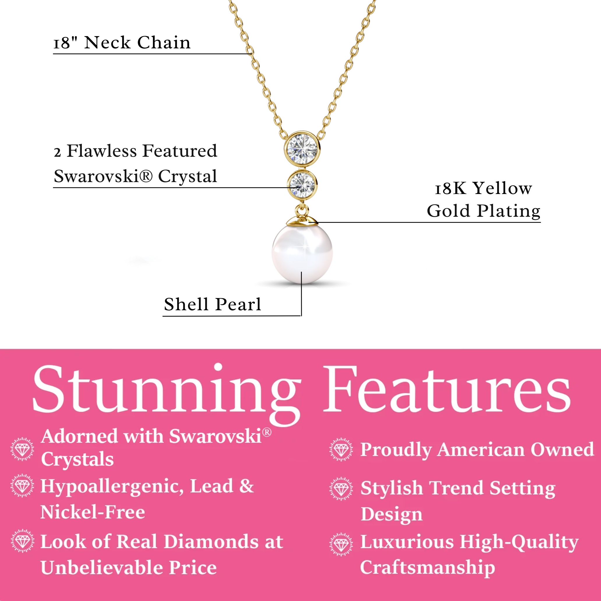 Genevieve 18k White Gold Plated Pearl Pendant Necklace with Swarovski Crystals