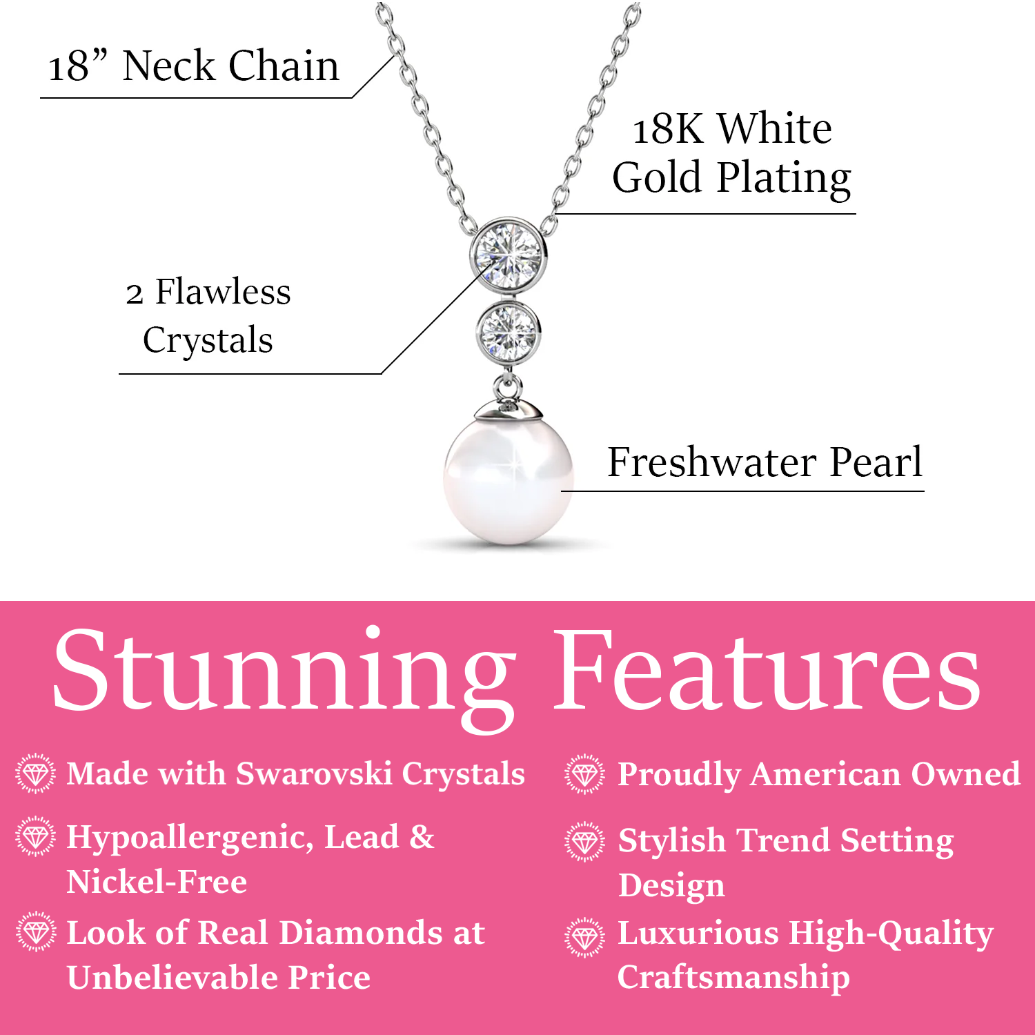 Genevieve 18k White Gold Plated Pearl Pendant Necklace with Swarovski Crystals