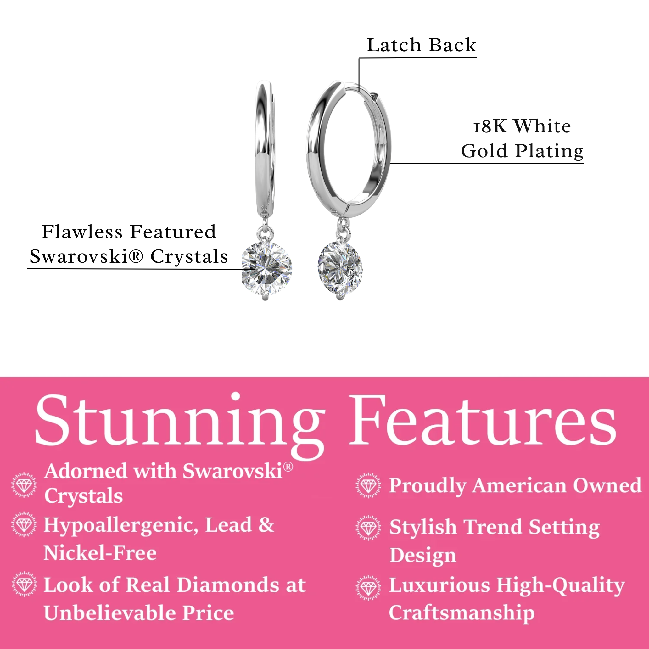 Georgia 18k White Gold Plated 14mm Hoop Dangle Earrings with Swarovski Crystals