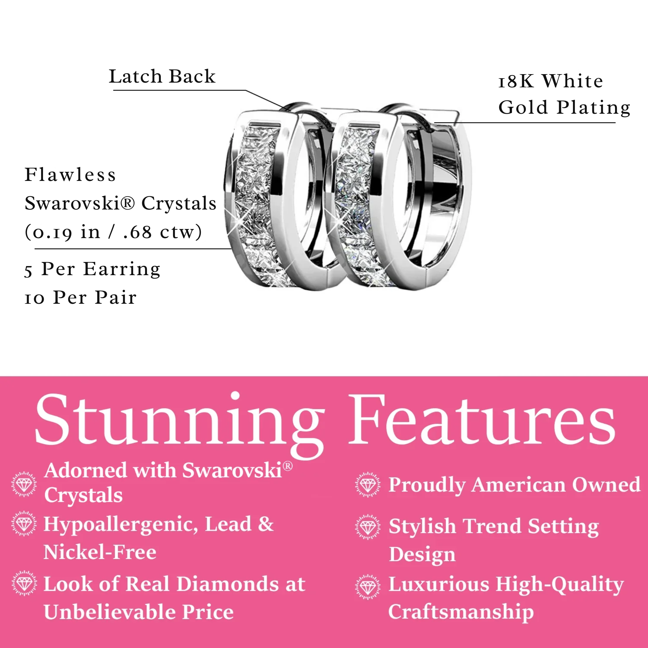 Giselle 18k White Gold Plated 15mm Hoop Crystal Earrings with Swarovski Crystals