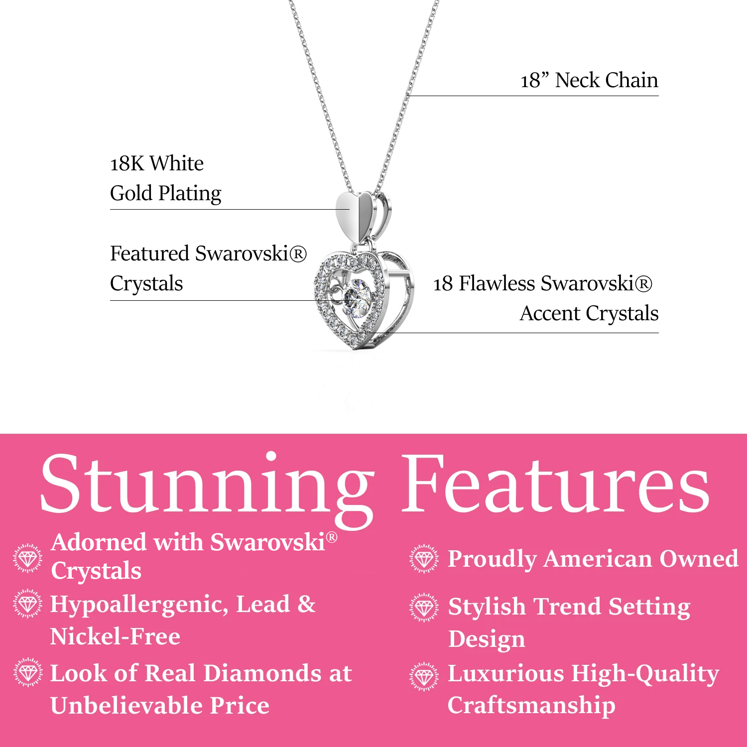 Shelby 18k White Gold Plated Heart Dancing Necklace with Swarovski Crystals