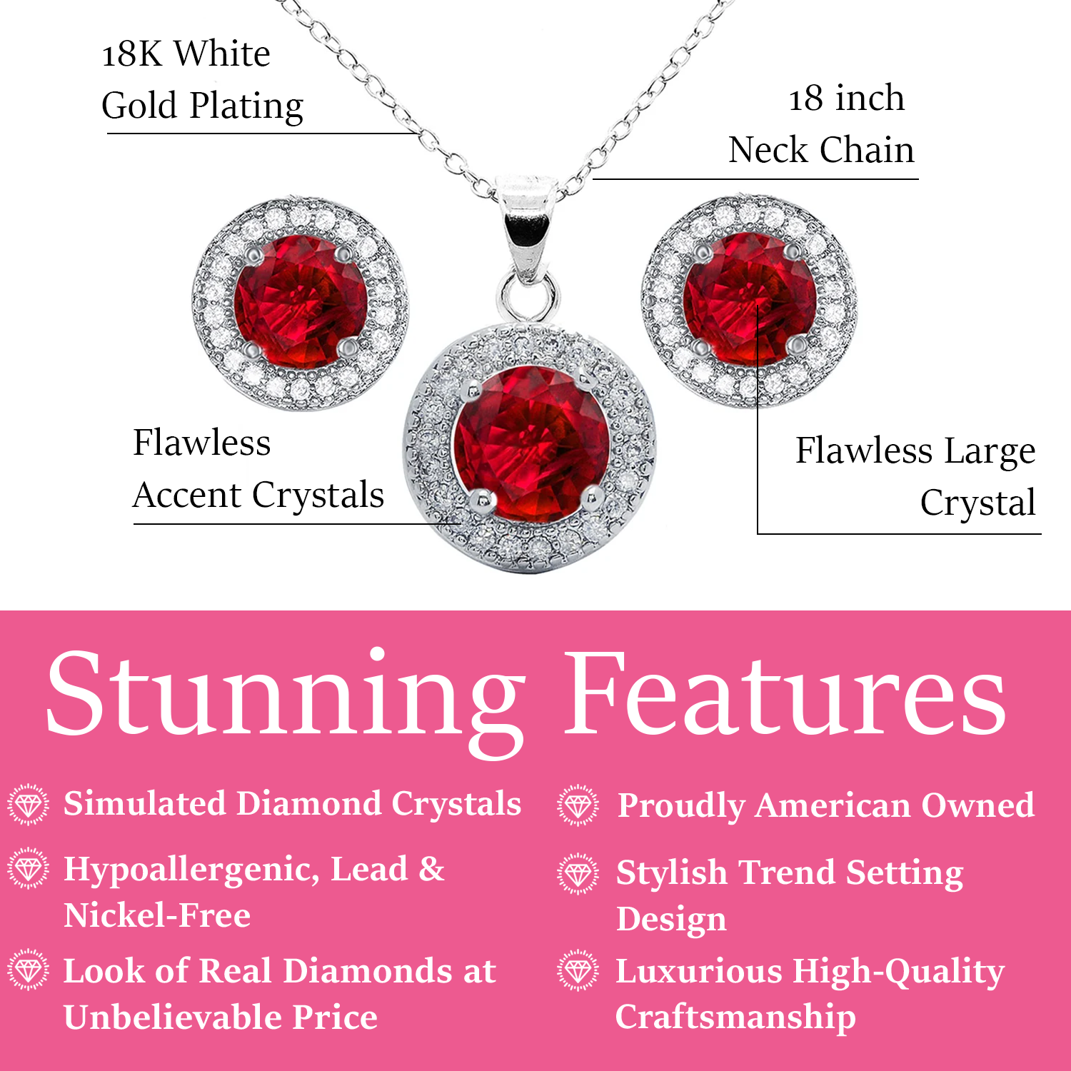 Gwendolyn 18k White Gold Plated Earrings and Necklace Set with Round Cut Simulated Diamond Crystal