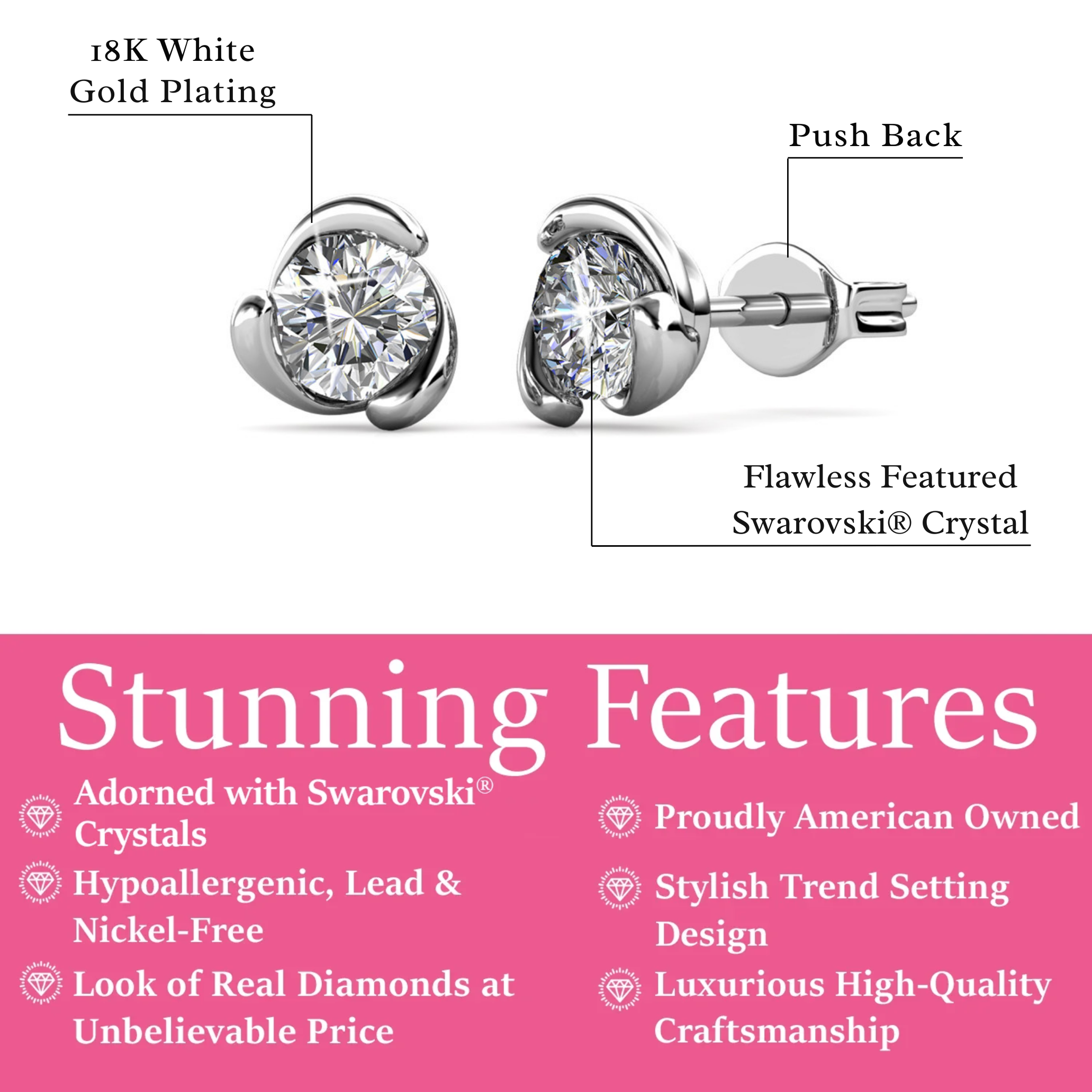Harmony 18k White Gold Plated Stud Earrings with Round Swarovski Crystals