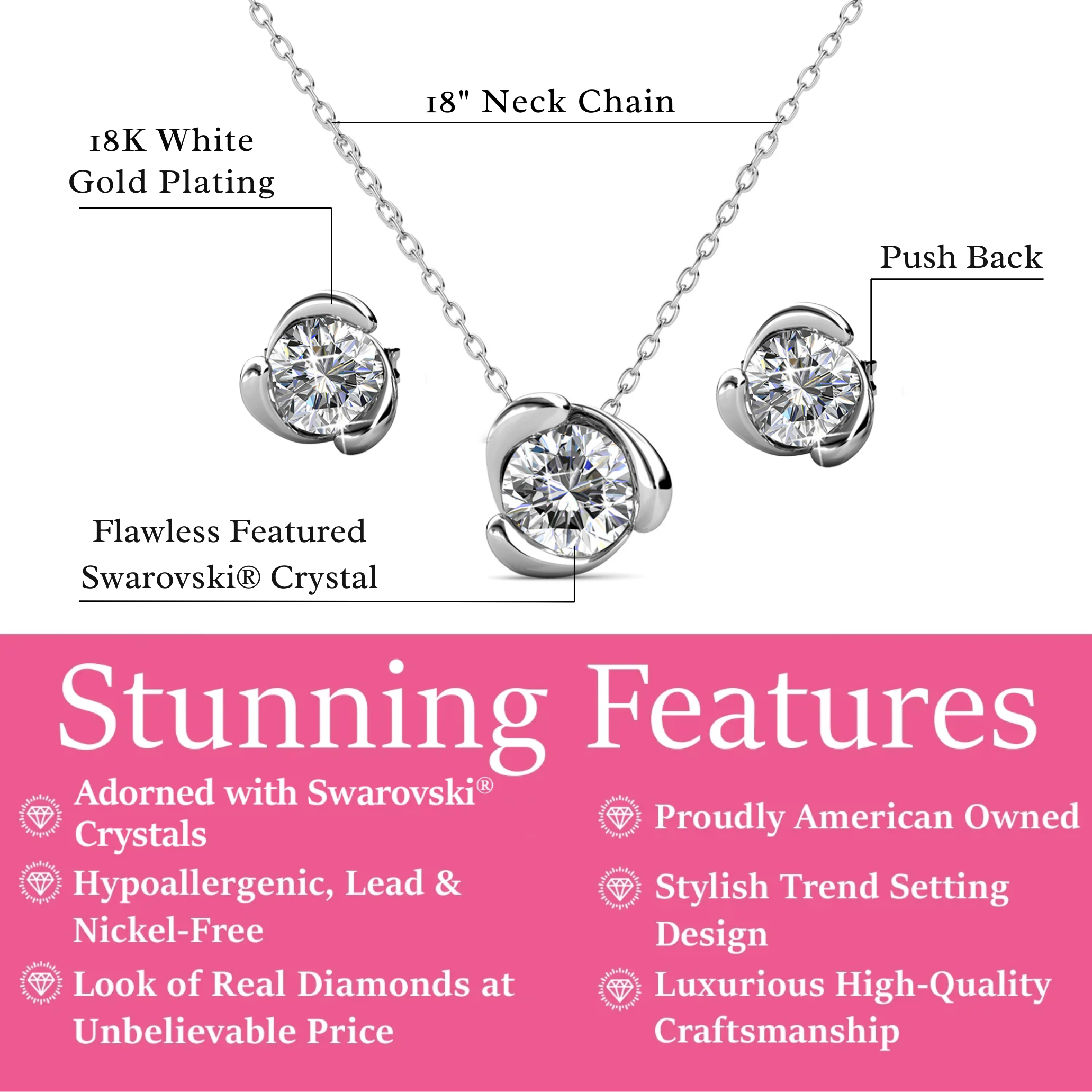 Harmony 18k White Gold Necklace and Stud Earrings Jewelry Set with Swarovski Crystals